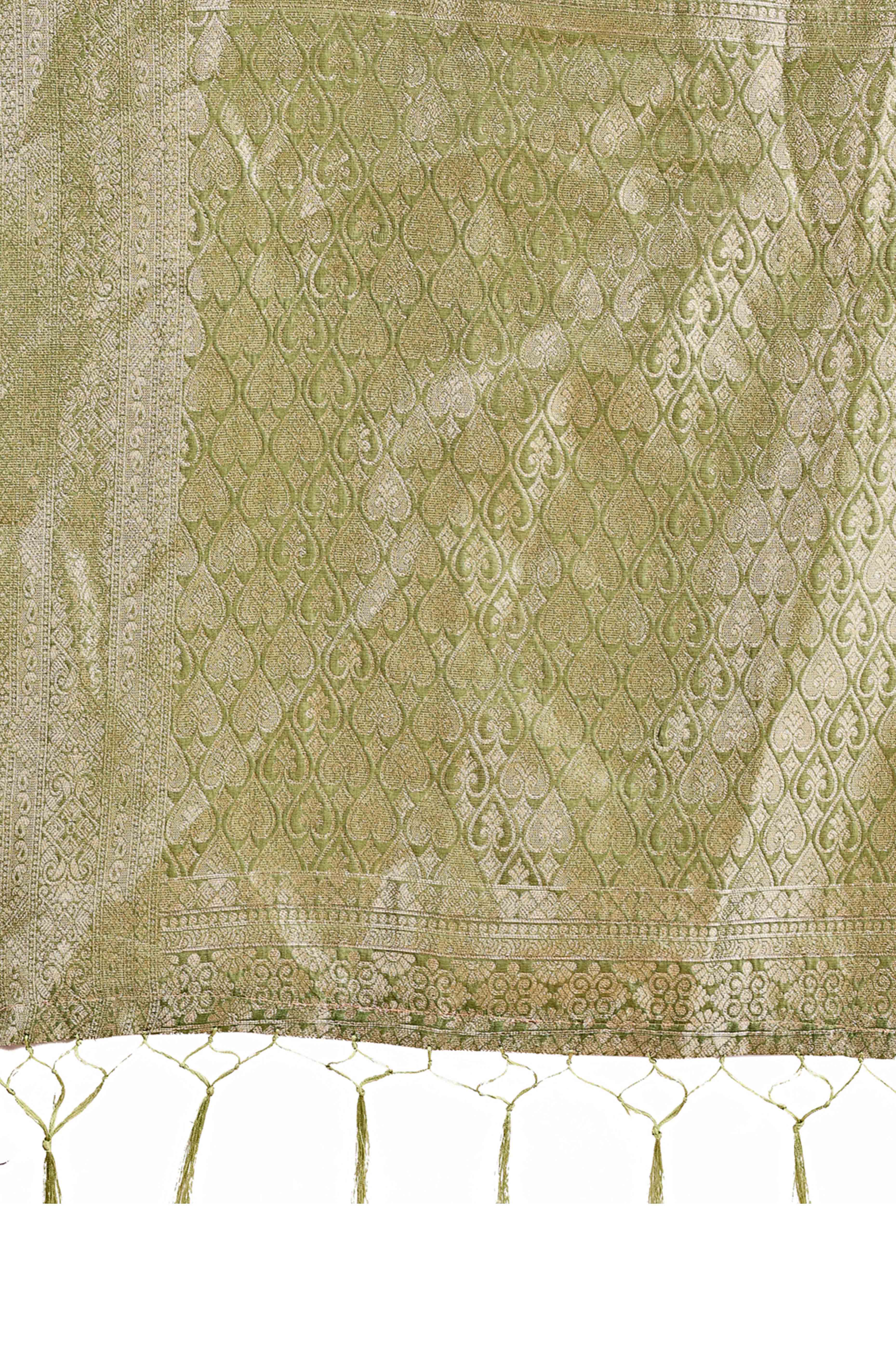 Floral Weaving On Mehendi Green Cotton Blend Saree With Tassels