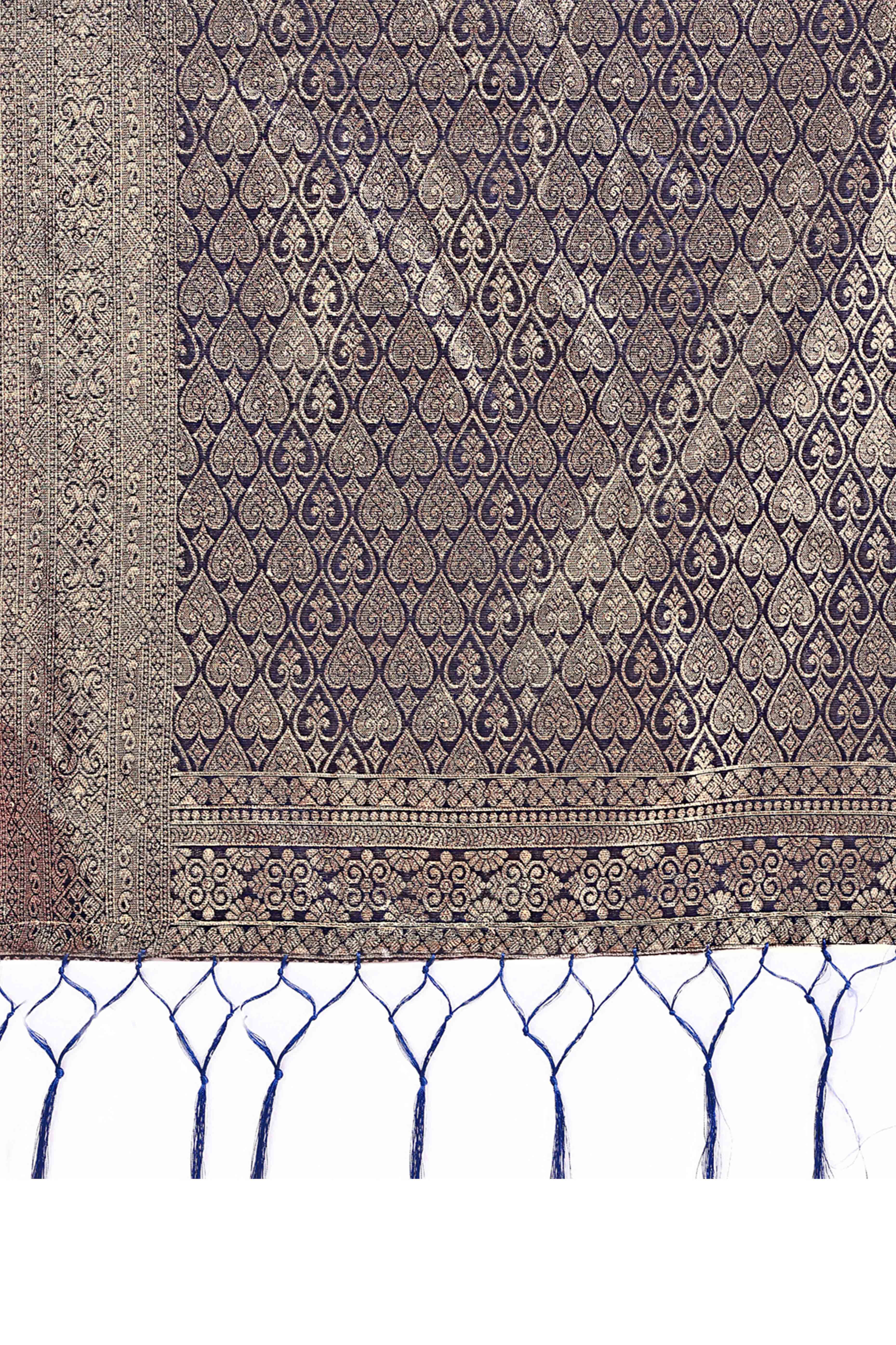 Floral Weaving On Navy Blue Cotton Blend Saree With Tassels