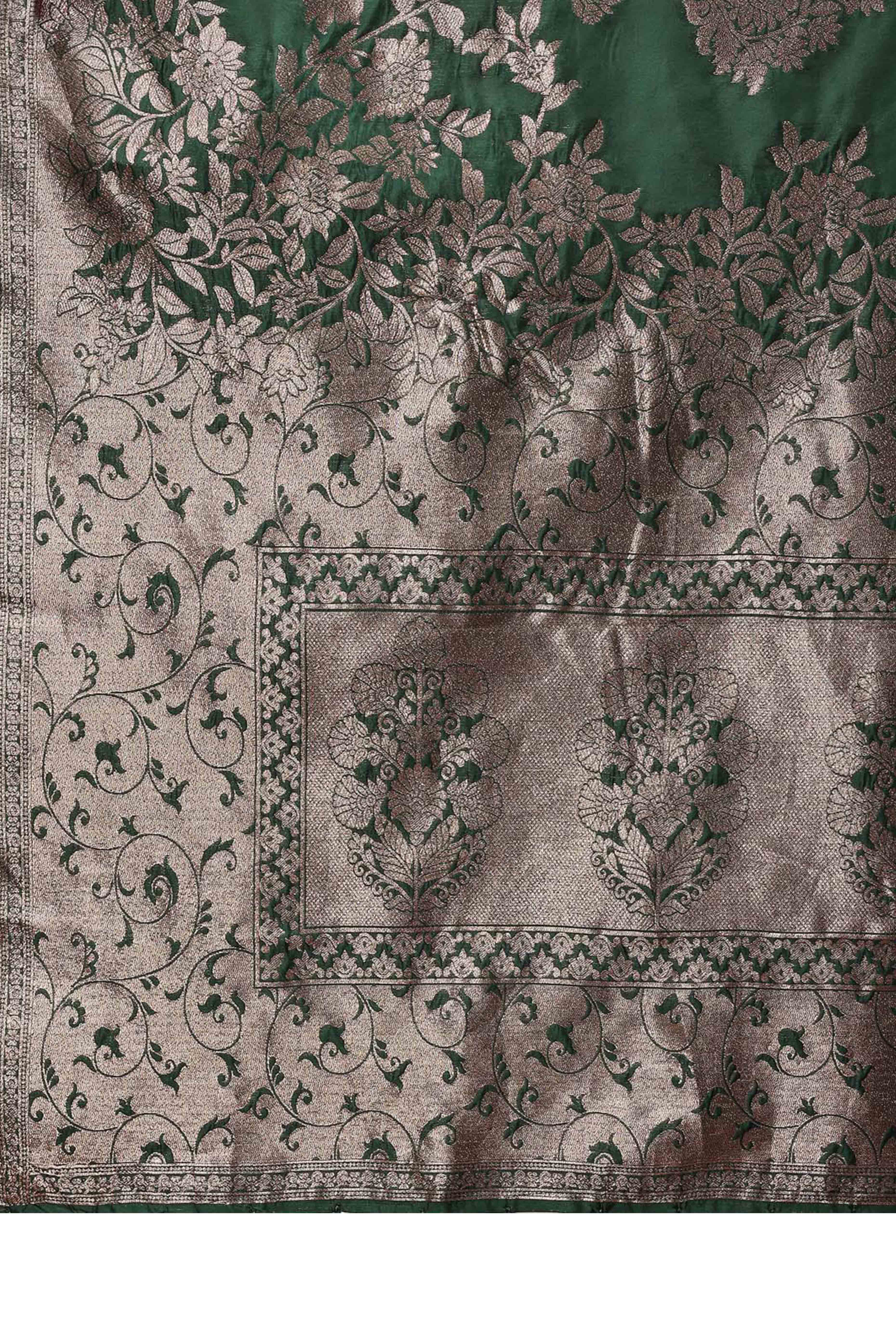Dark Green Banarasi Silk Saree With Floral Zari Weaving & Elegant Tassels