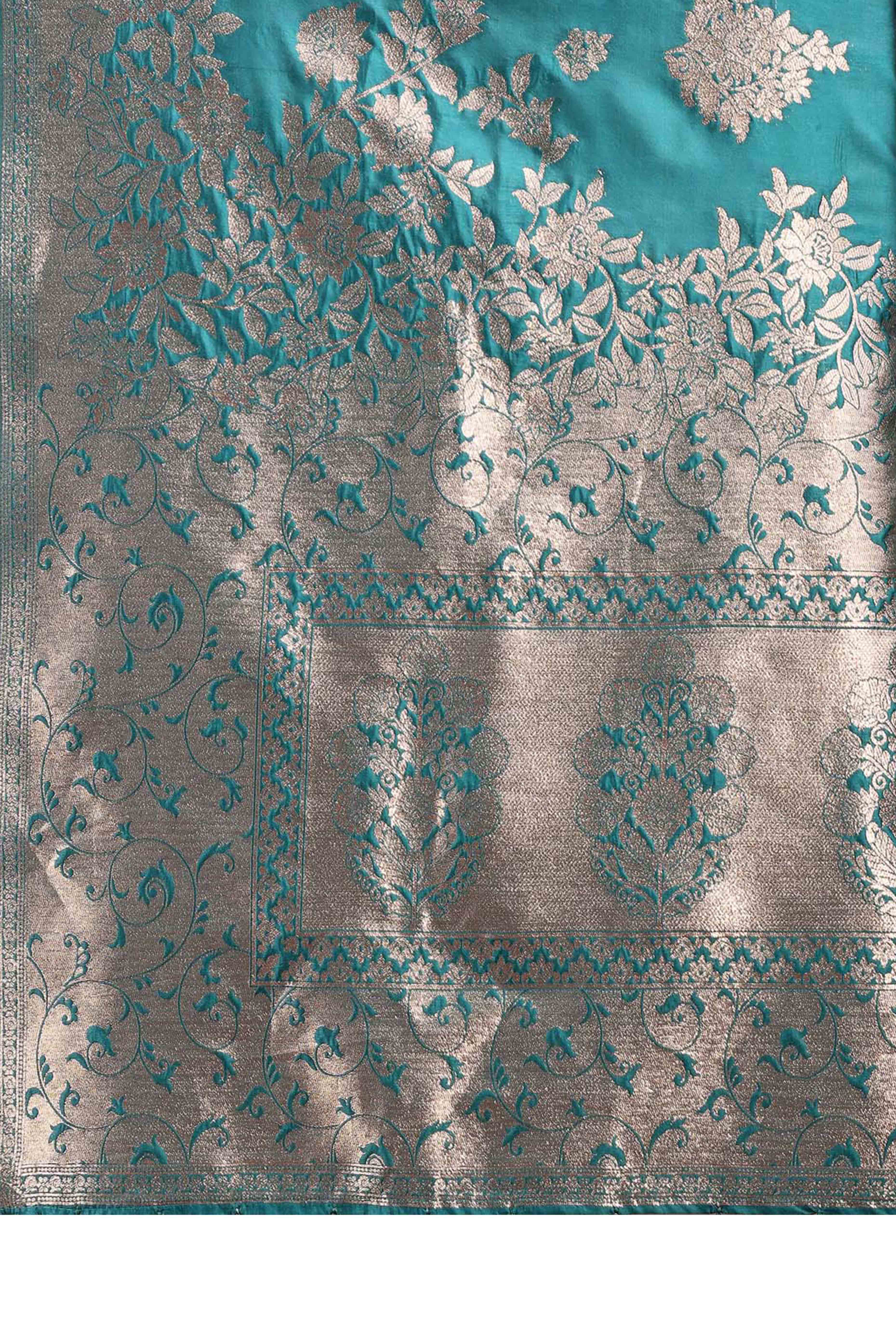 Rama Blue Banarasi Silk Saree With Floral Zari Weaving & Elegant Tassels