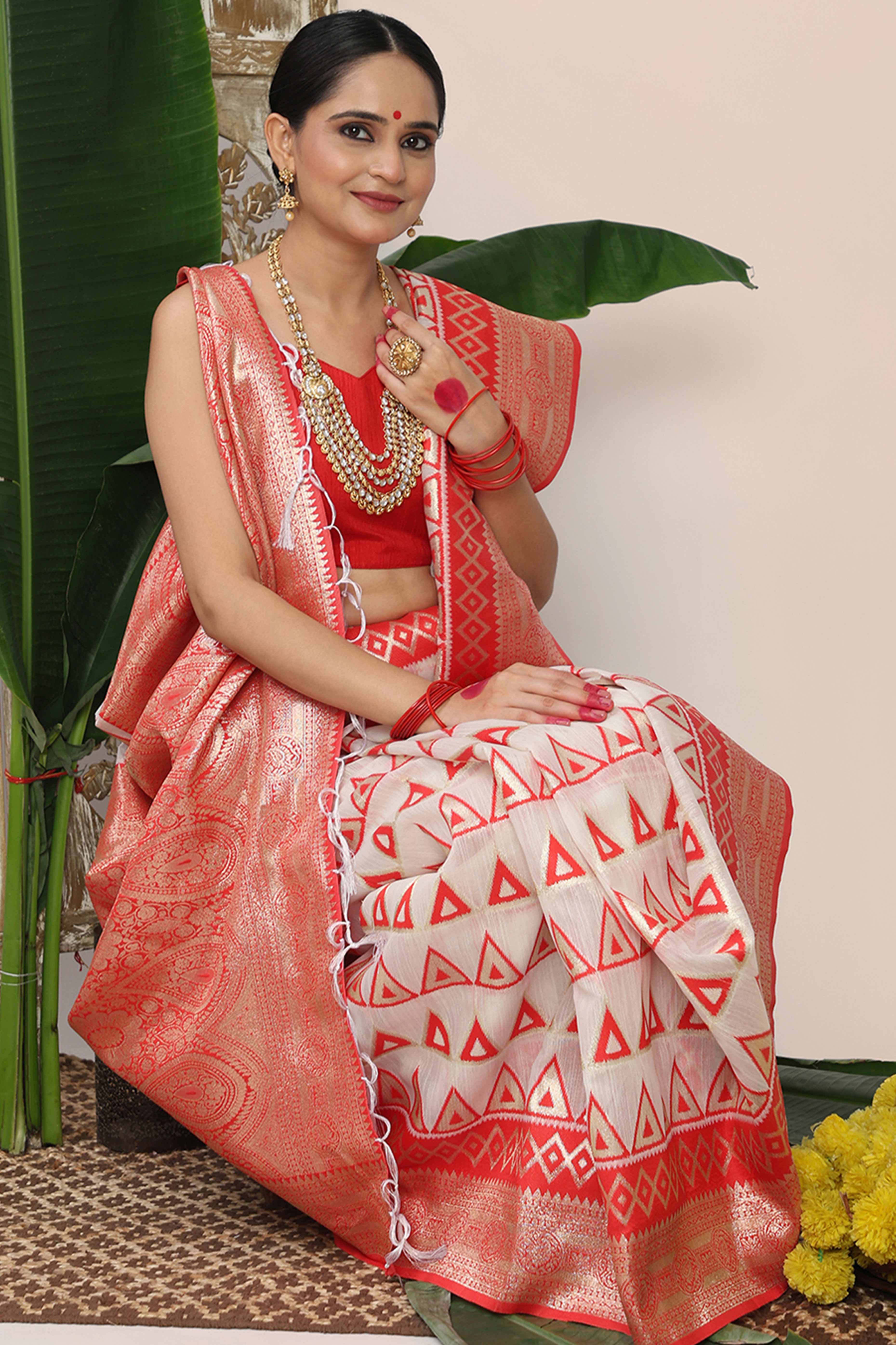 Traditional White & Red Linen Cotton Saree With Intricate Zari Weaving Work And Tassel Pallu