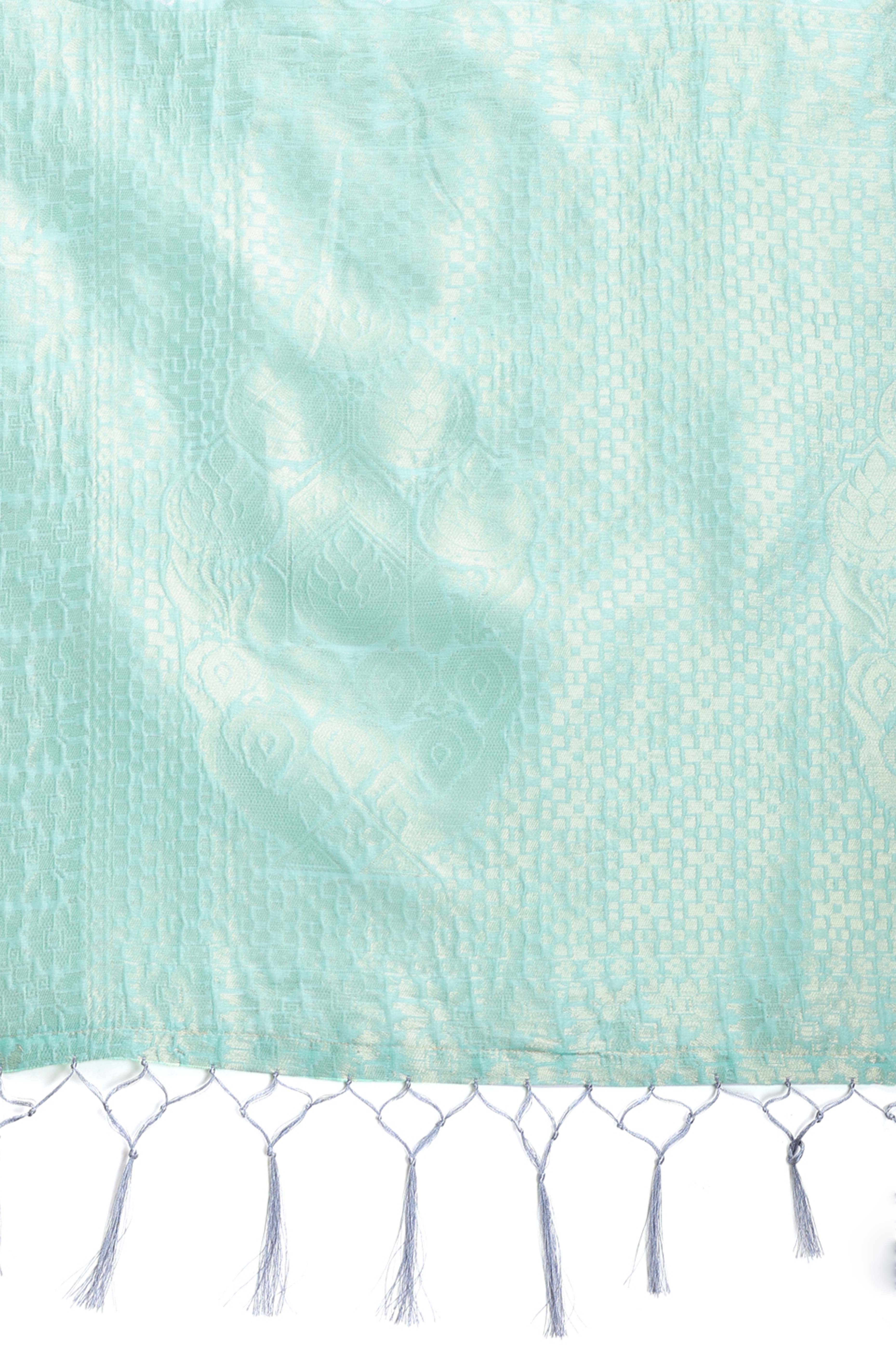 Sea Green Zari Woven Linen Cotton Saree with Graceful Tassels