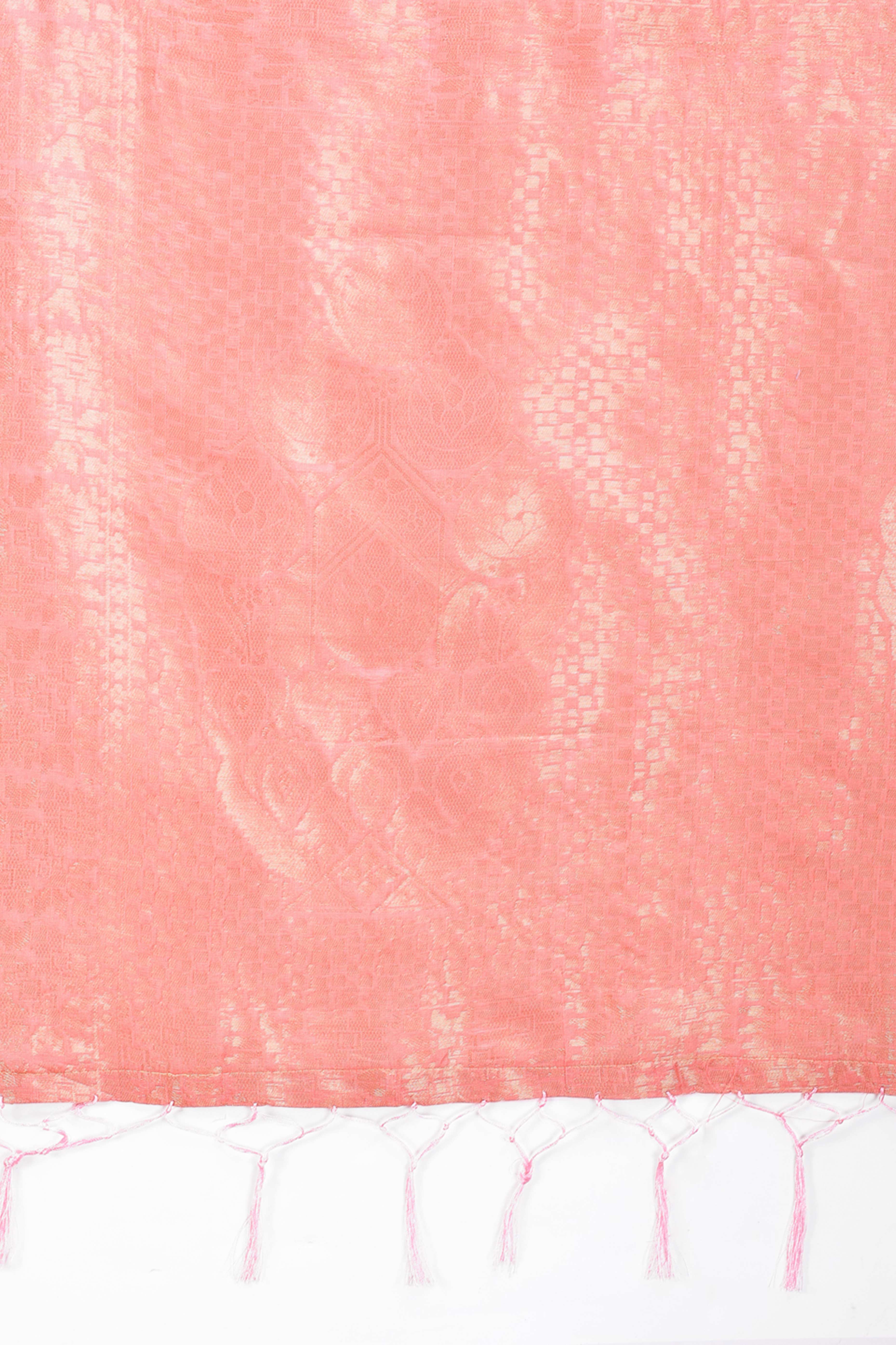 Peach Zari Woven Linen Cotton Saree with Graceful Tassels