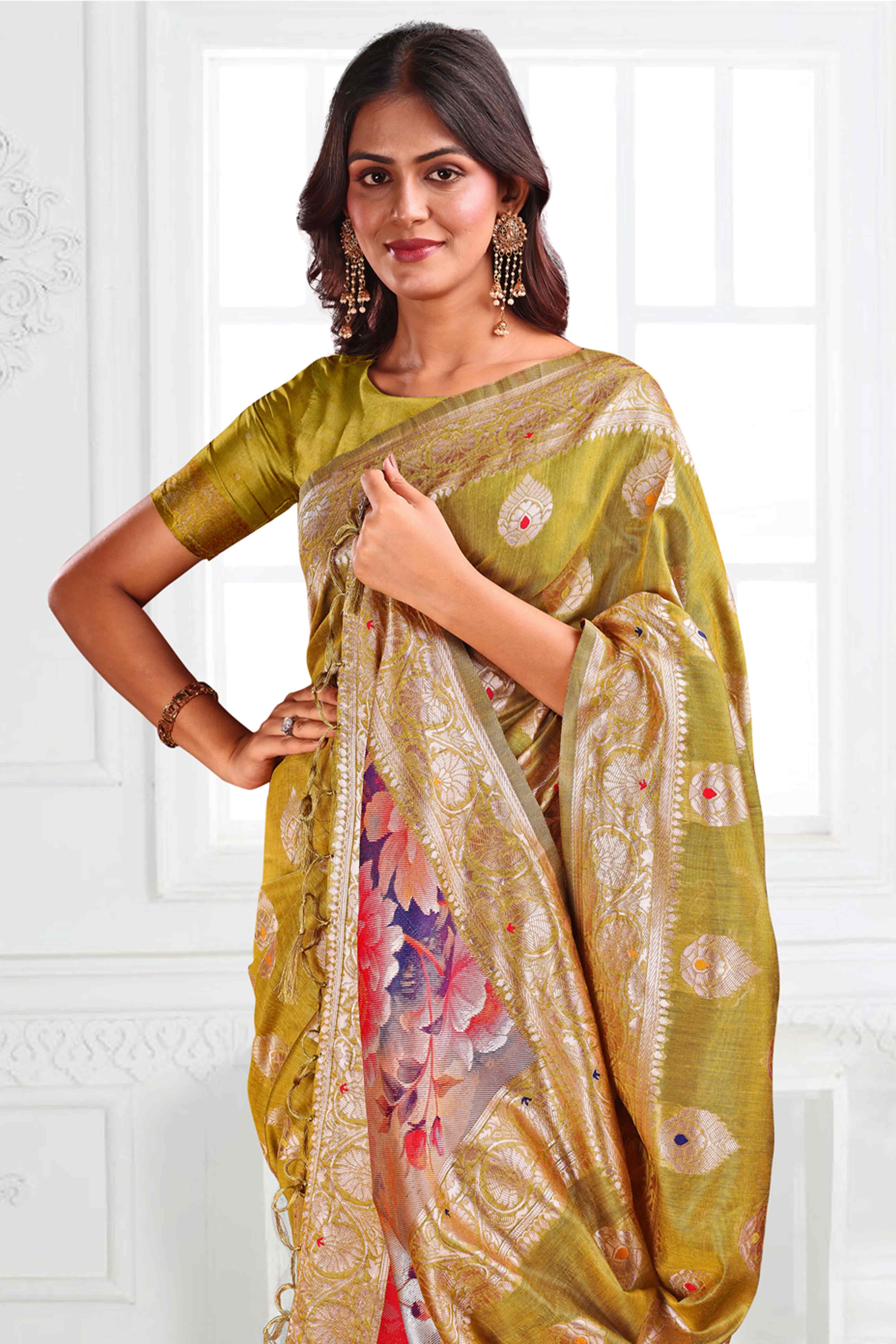 Mehendi Green Linen Cotton Silk Saree Adorned With Intricate Floral Zari Weaving & Tassel Pallu