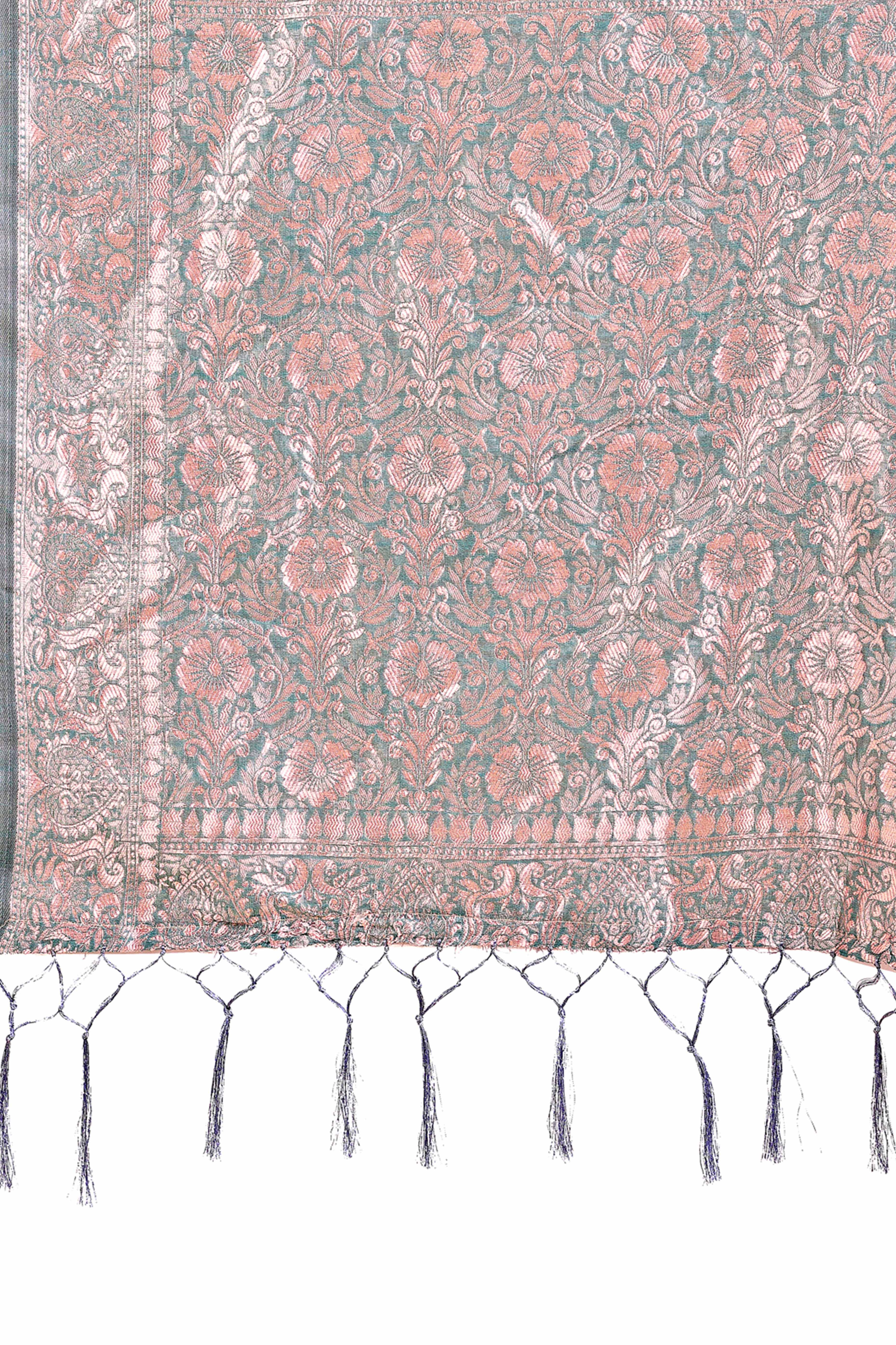 Blue Linen Cotton Saree With Floral Zari Weaving & Delicate Tassel Border