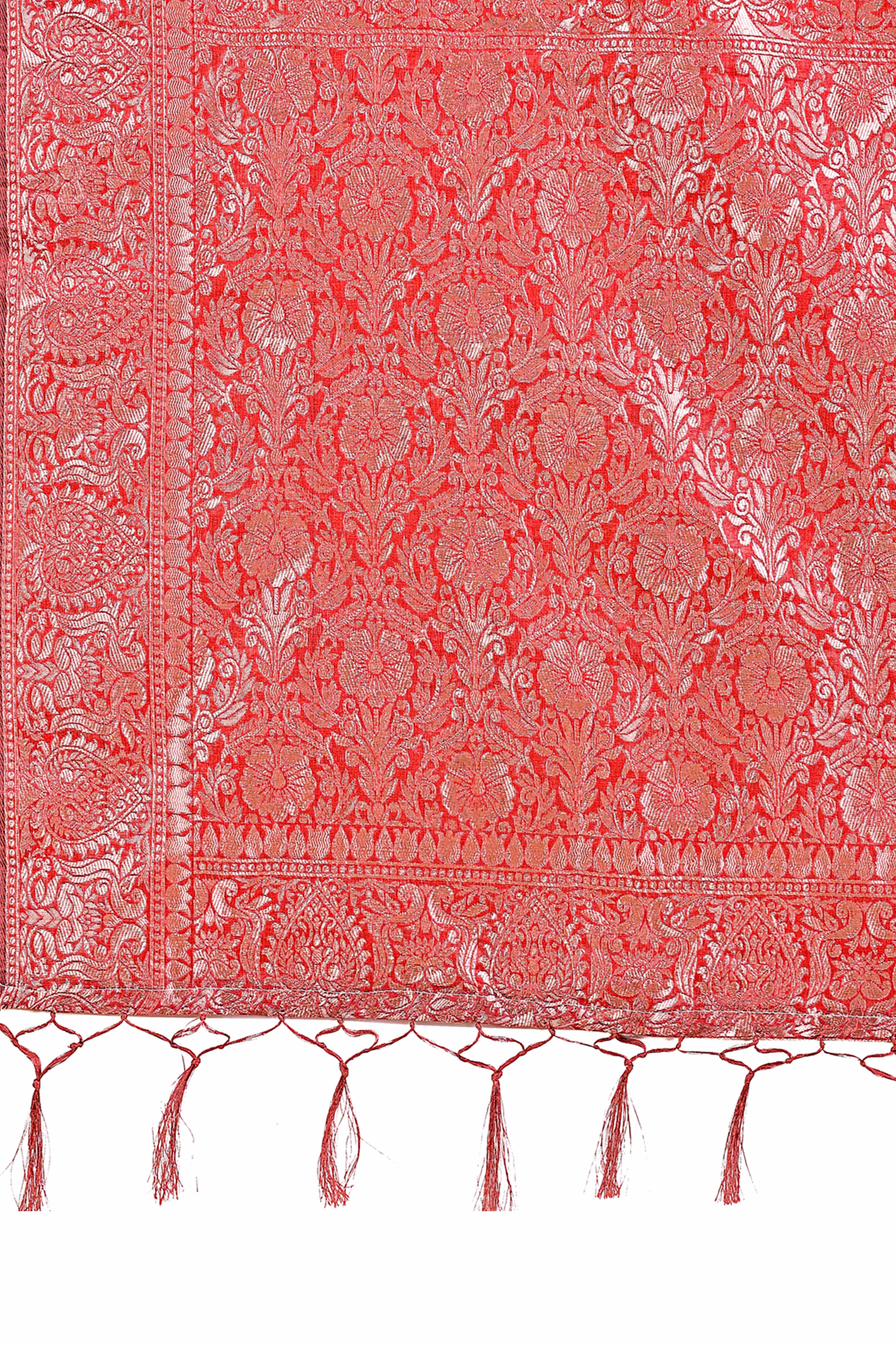 Red Linen Cotton Saree With Floral Zari Weaving & Delicate Tassel Border