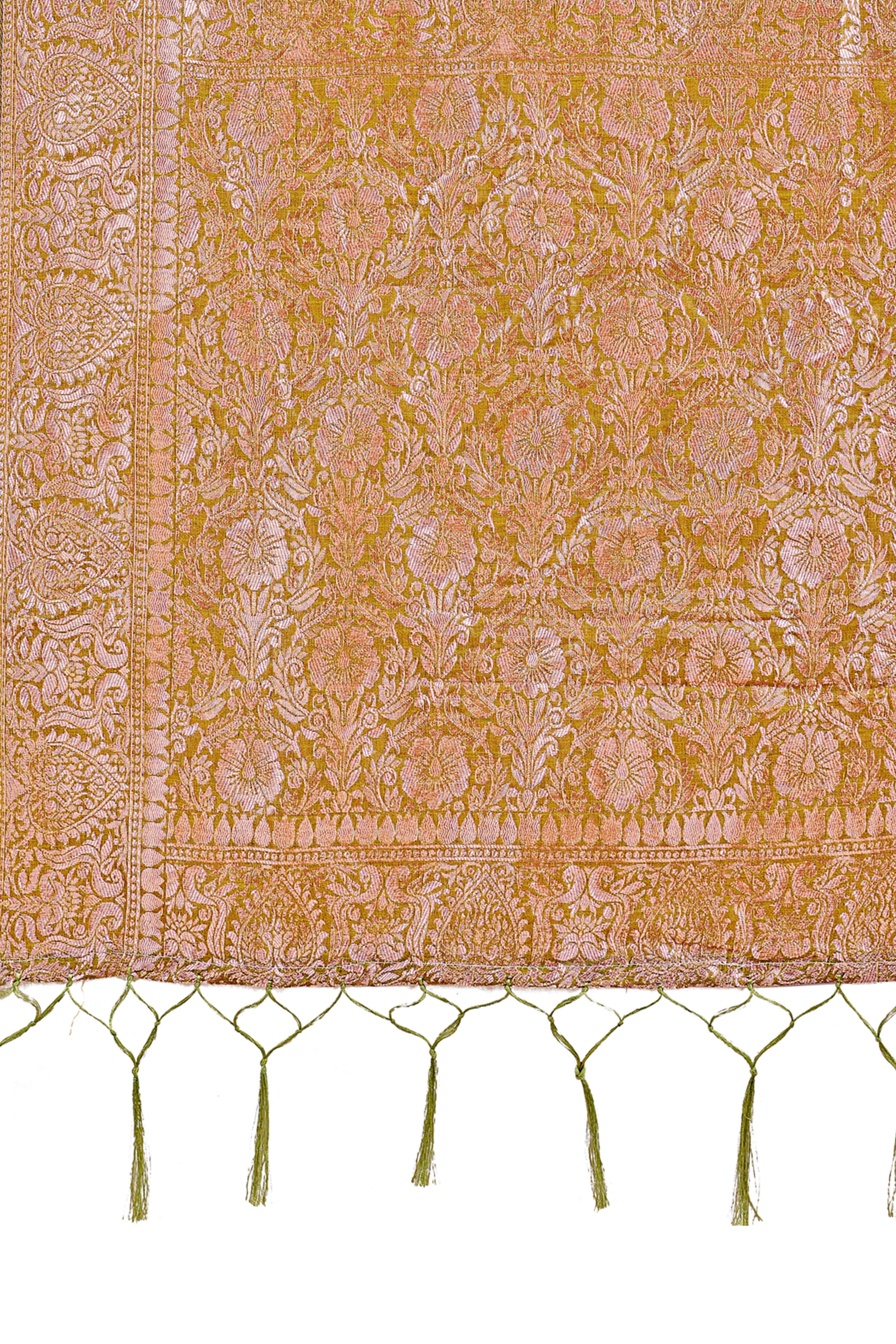 Olive Green Linen Cotton Saree With Floral Zari Weaving & Delicate Tassel Border