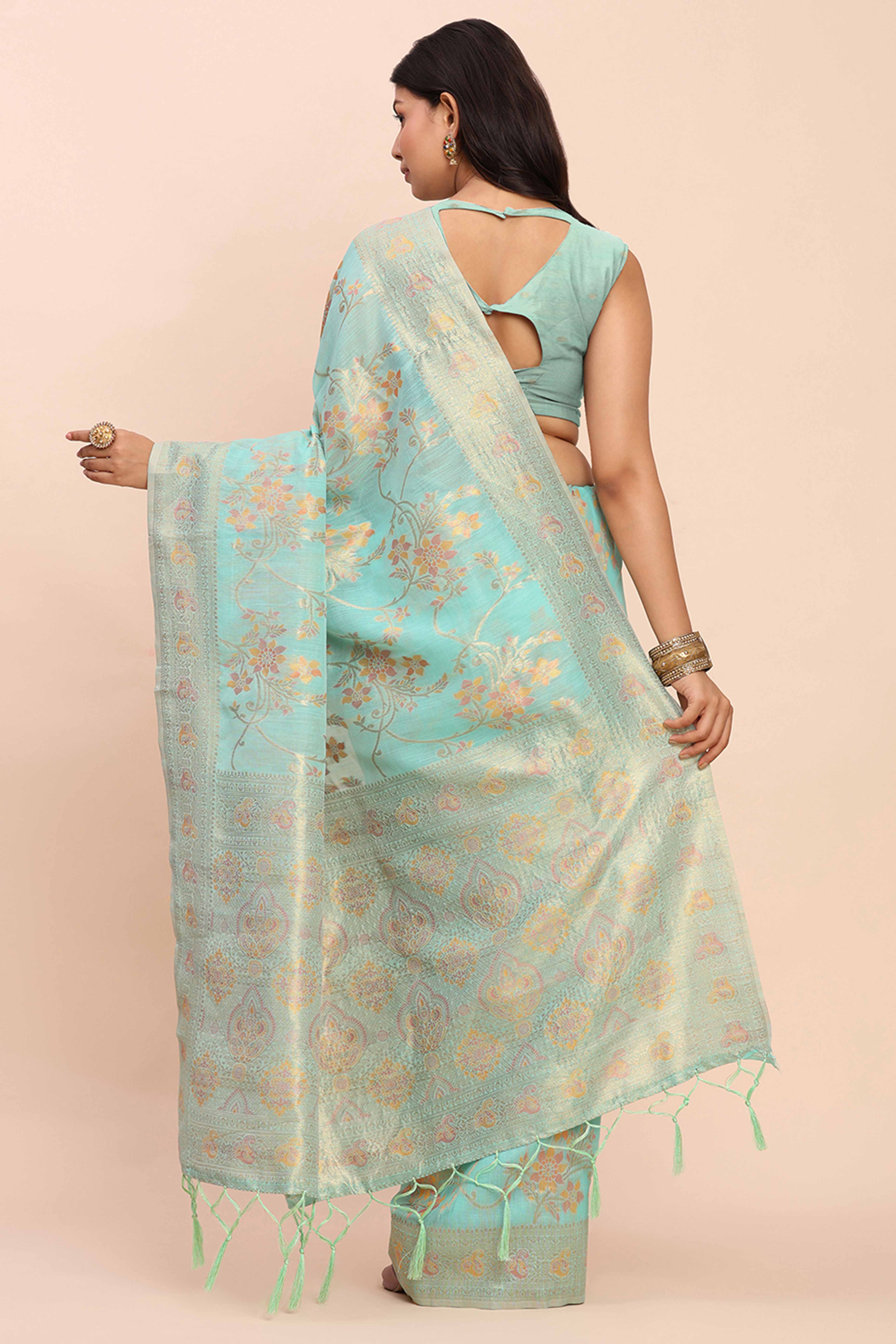 Turquoise Linen Cotton Saree Showcasing Floral Zari Weaves & A Tasselled Finish Pallu