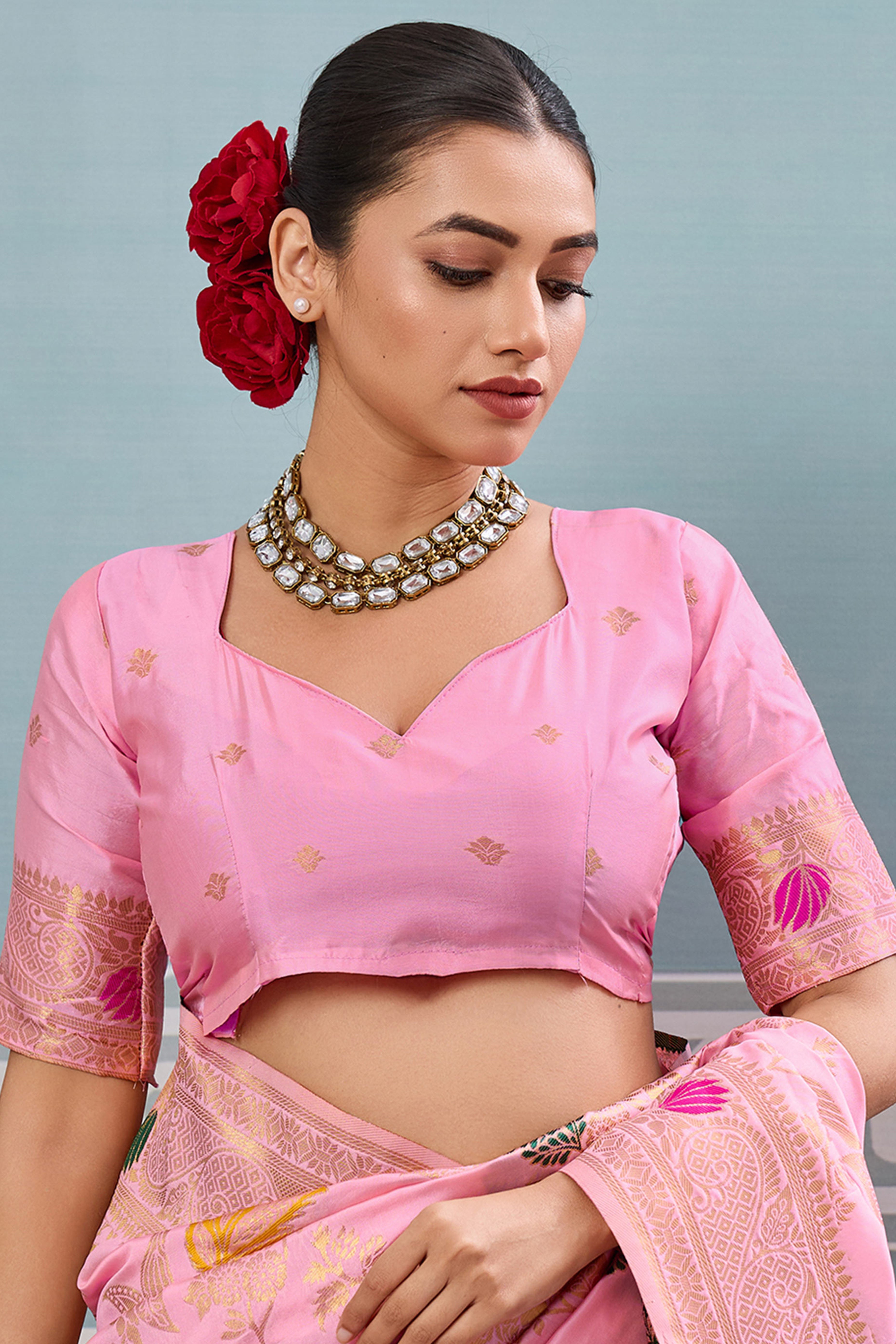 Radiant Light Pink Silk Blend Saree Adorned With Intricate Floral Zari Weaving & Tassel Pallu