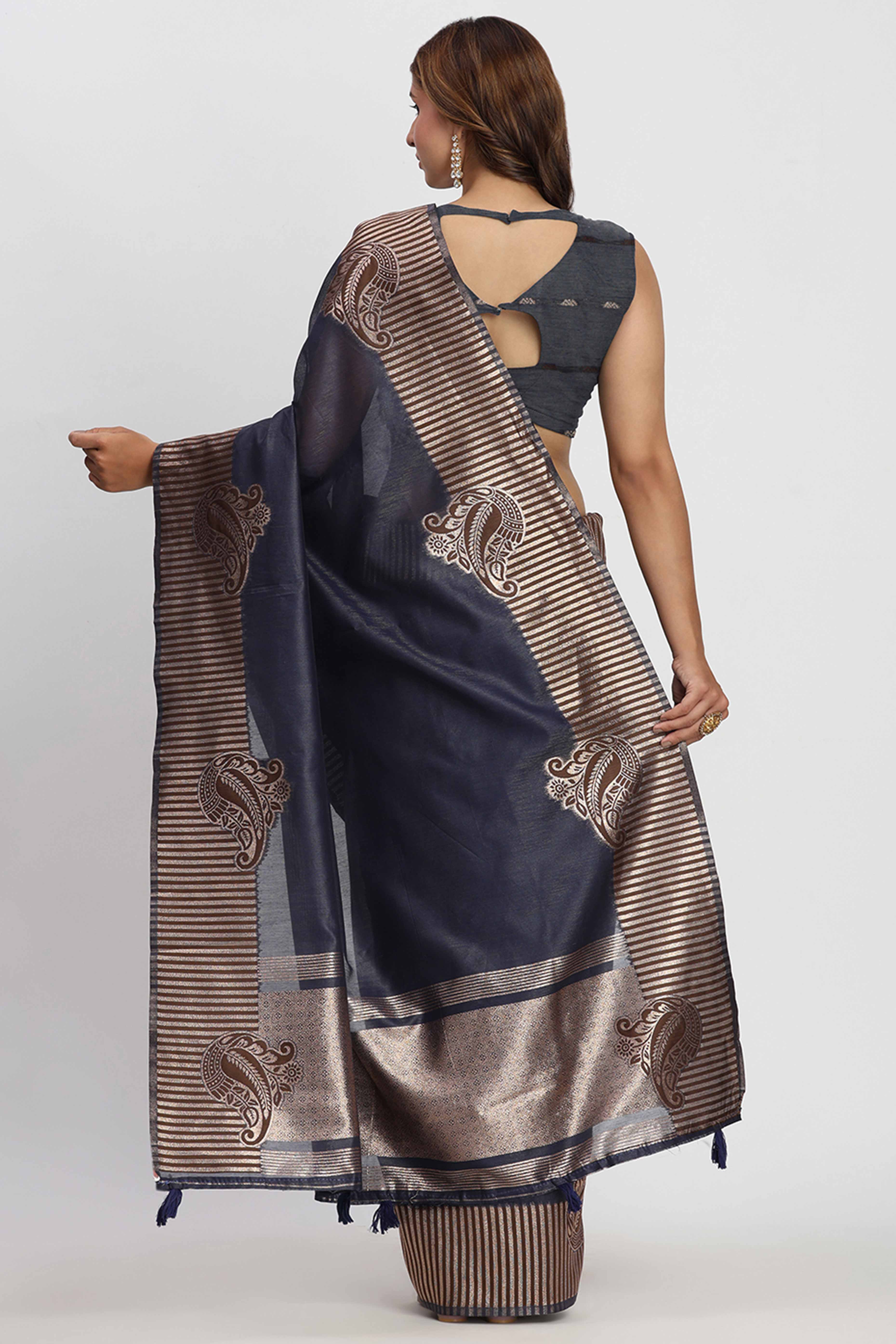 Linen Cotton Saree in Navy Blue Hue Featuring Rich Zari Weaving