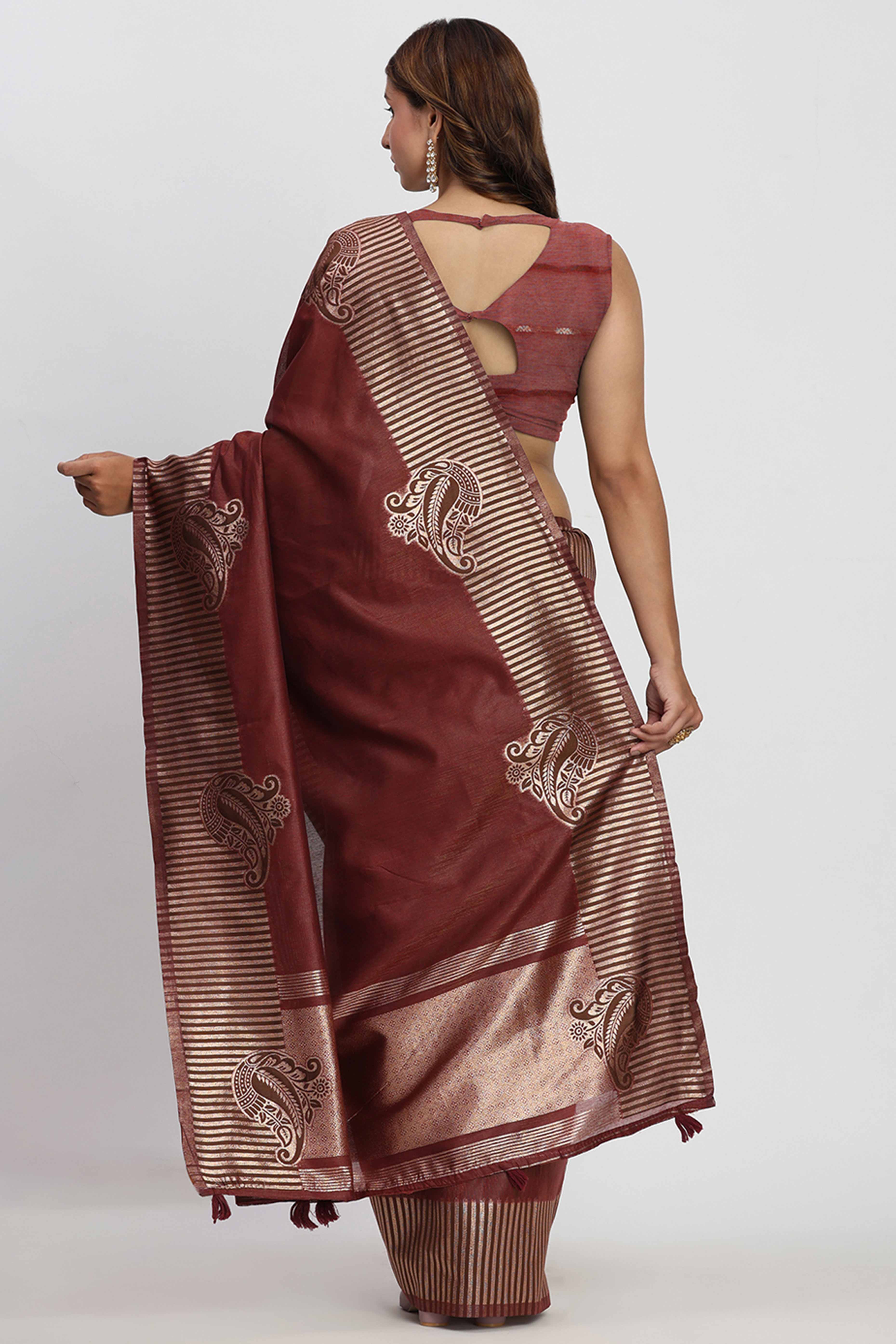Linen Cotton Saree in Maroon Hue Featuring Rich Zari Weaving