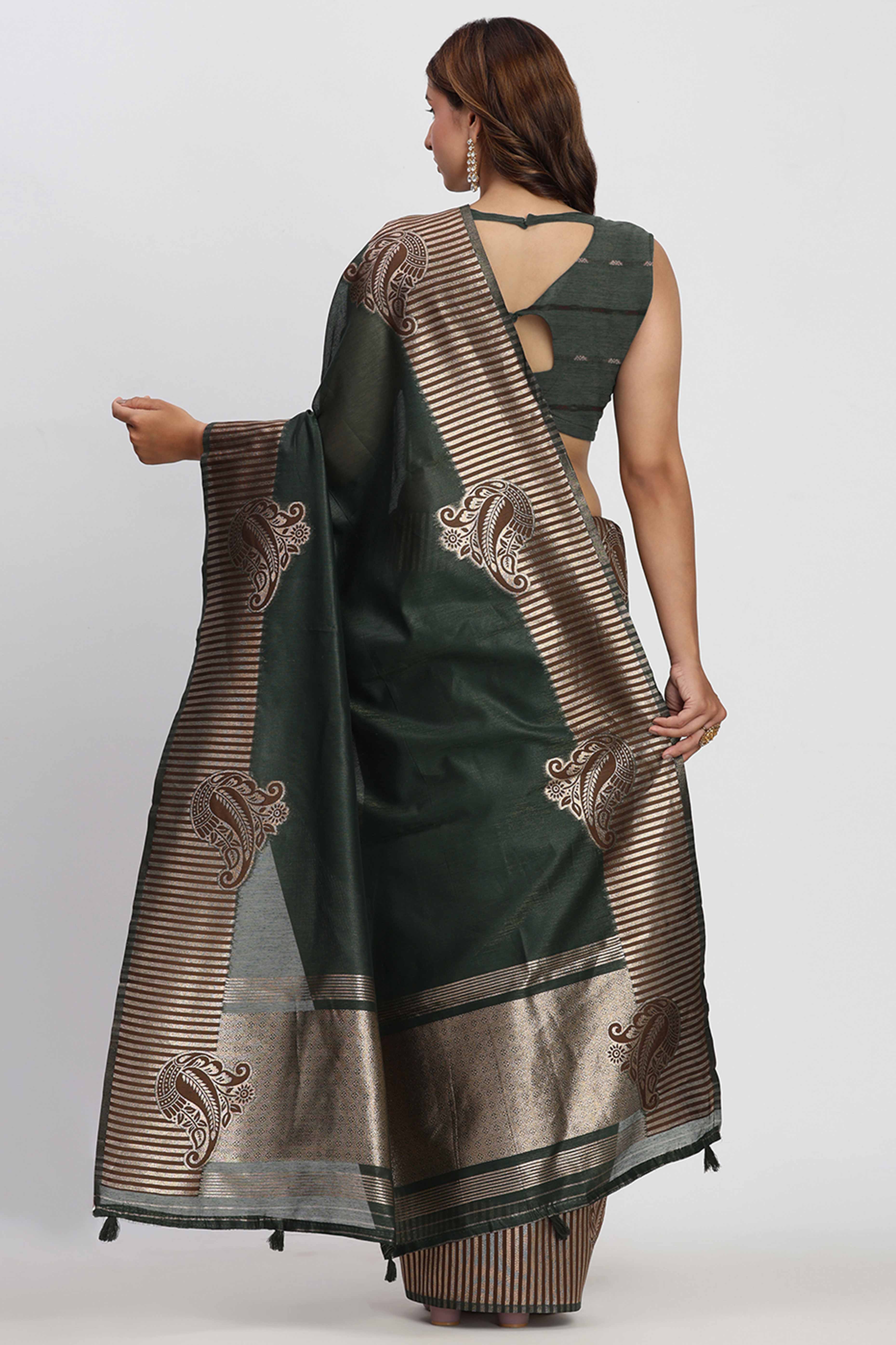Linen Cotton Saree in Dark Green Hue Featuring Rich Zari Weaving