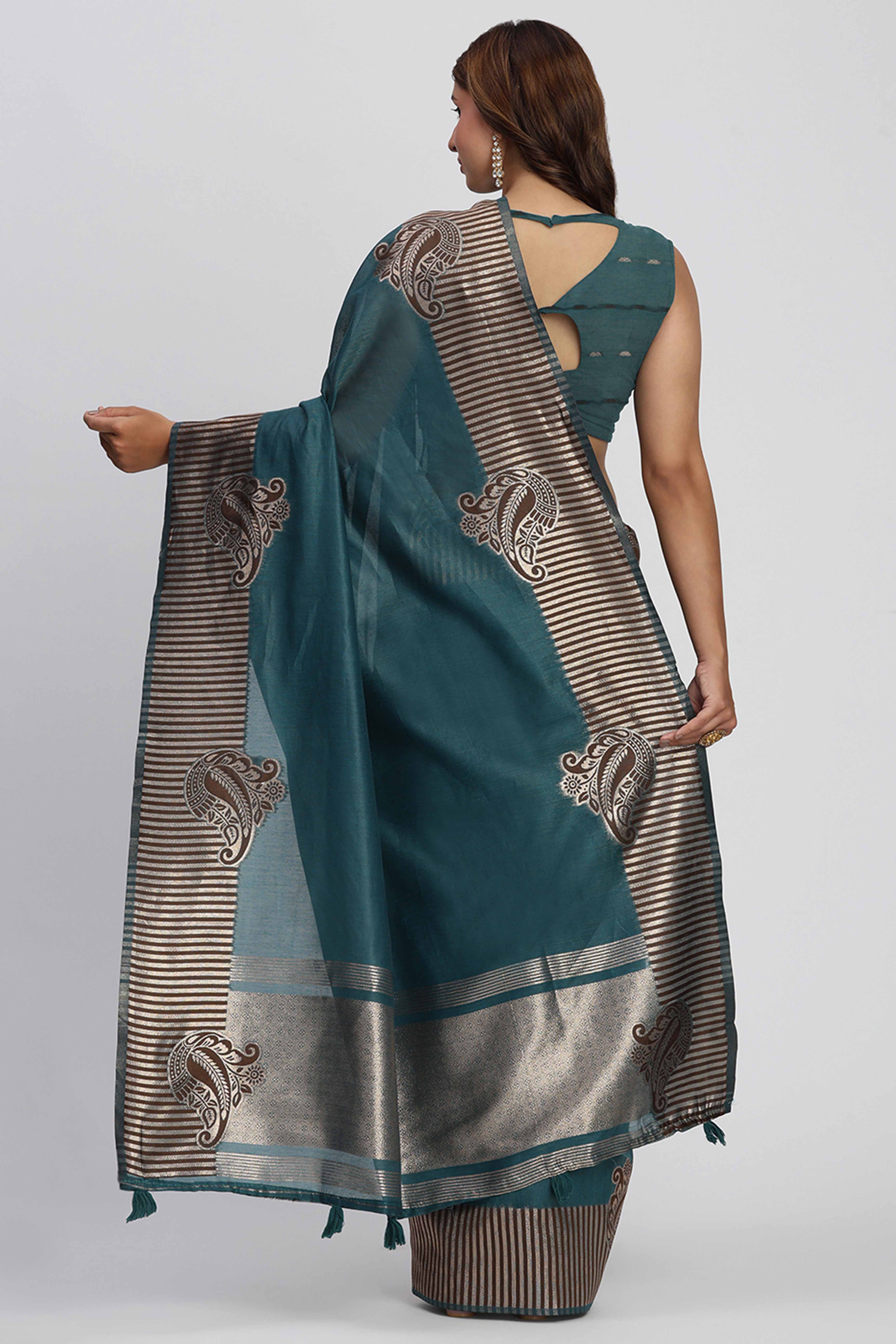 Linen Cotton Saree in Teal Hue Featuring Rich Zari Weaving
