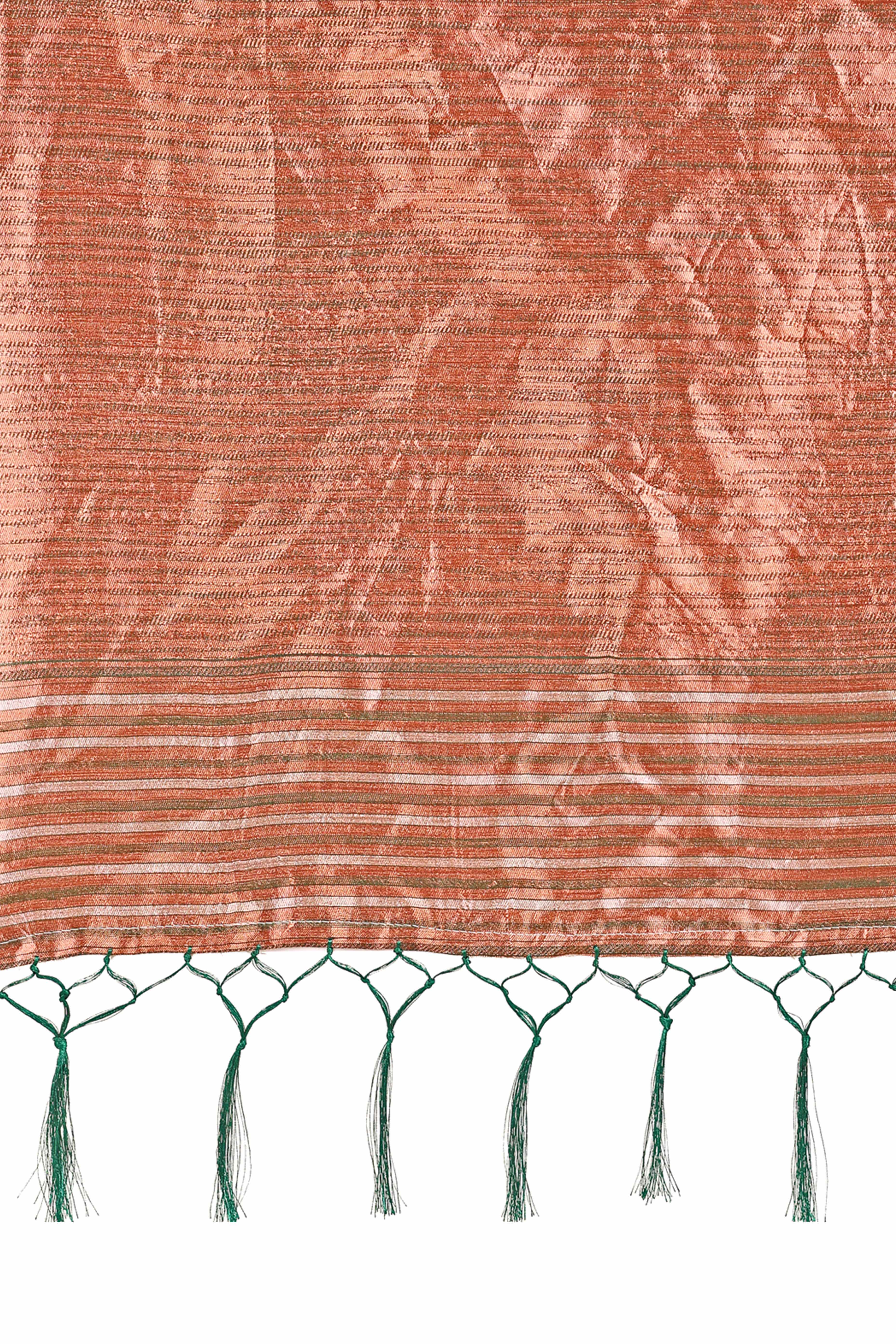 Green Saree In Linen Cotton With Exquisite Zari Weaving & Subtle Tassel Border