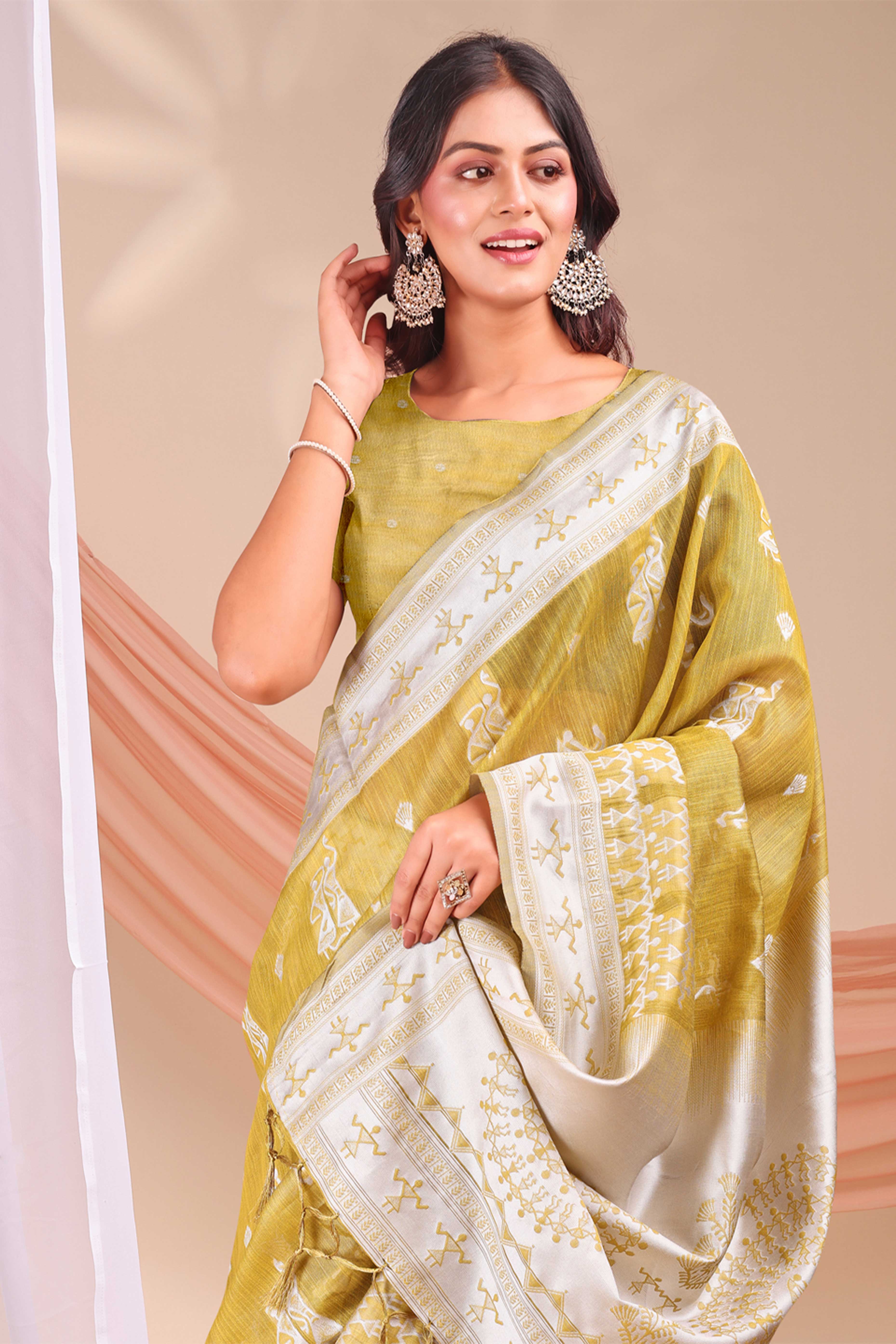 Olive Ethnic Saree in Soft Linen Cotton Fabric Featuring Warli Art Weaving