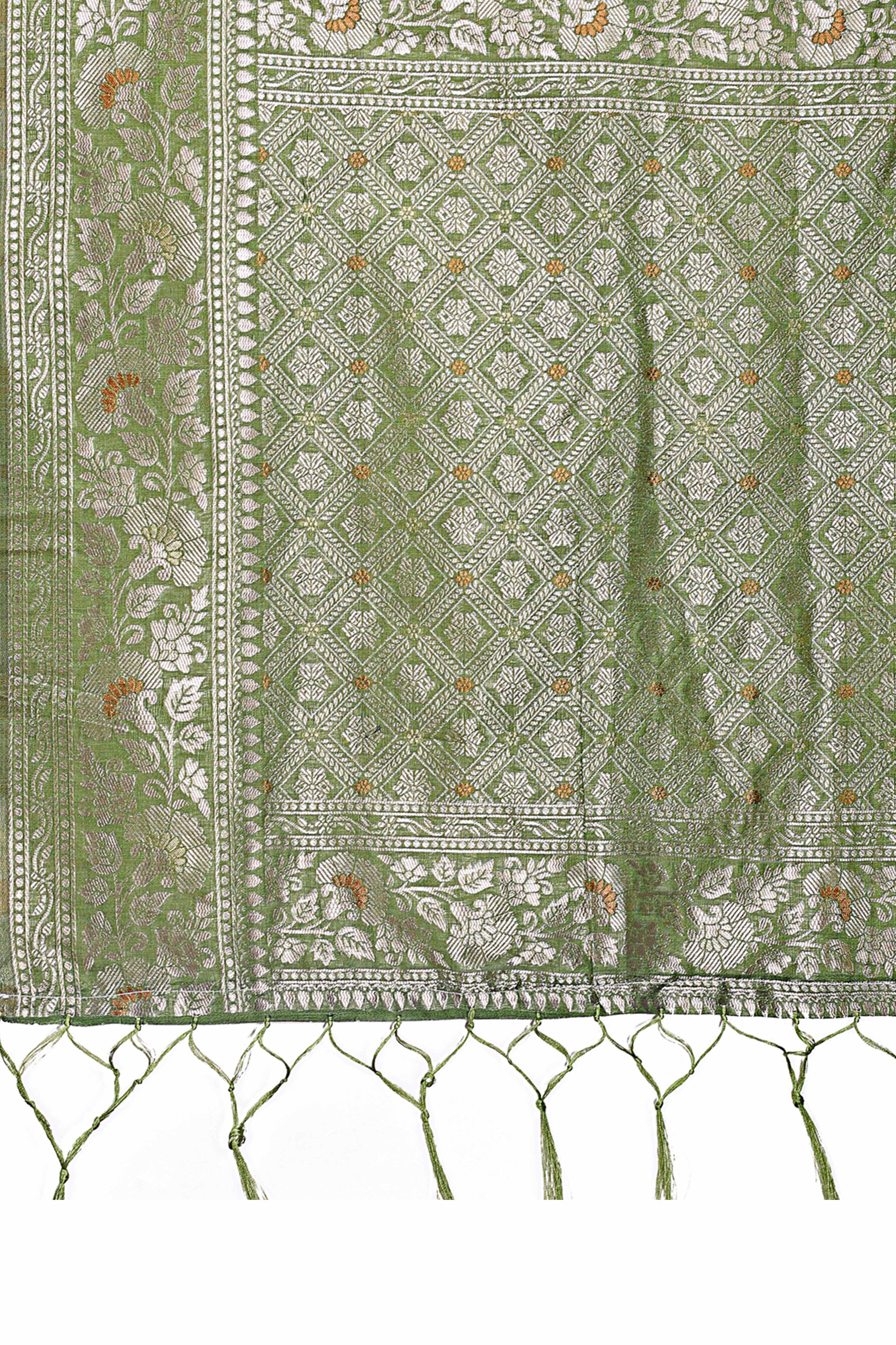 Light Green Cotton Blend Saree with Banarasi Style Floral Artistry and Tassels