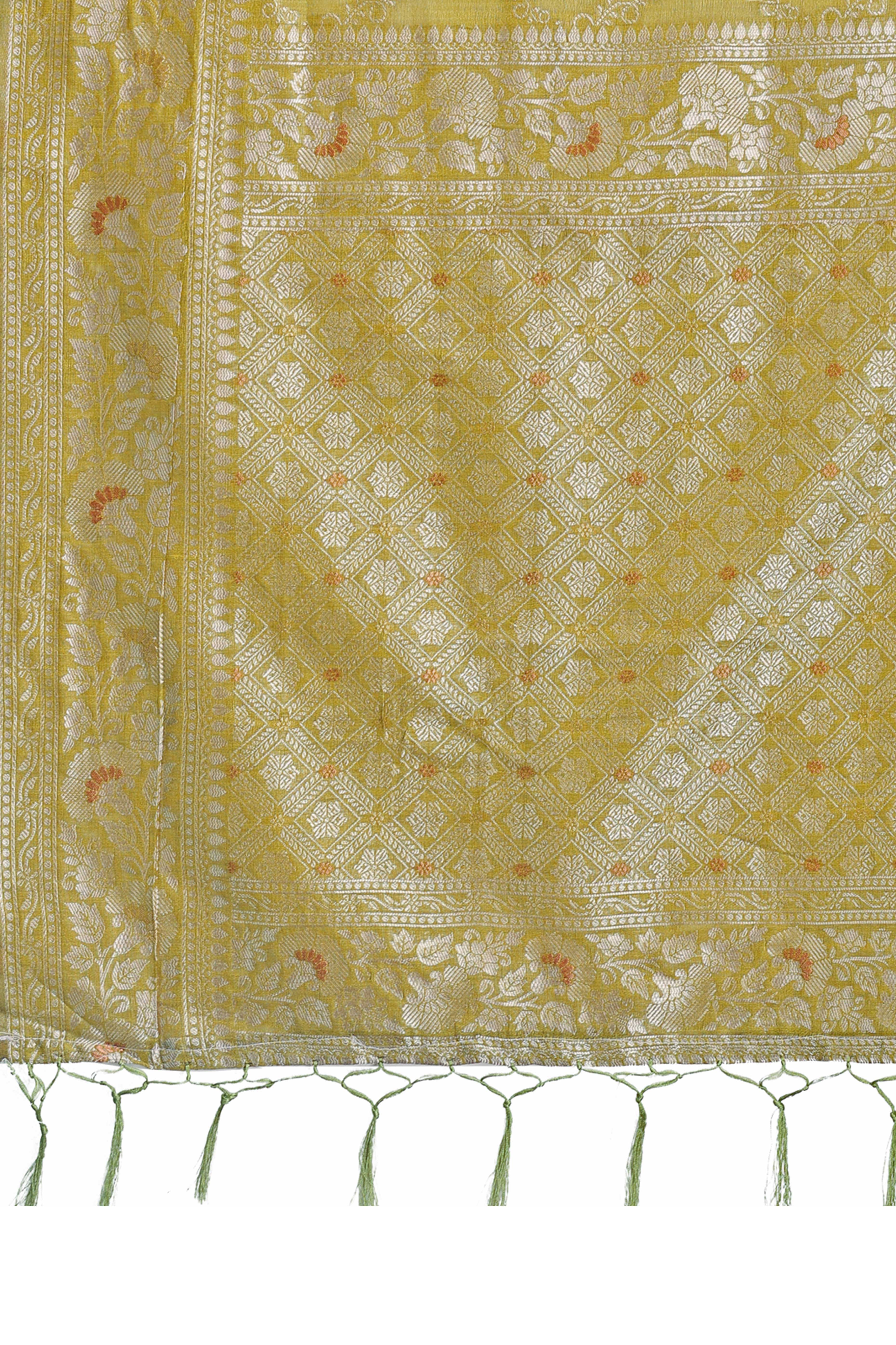 Olive Cotton Blend Saree with Banarasi Style Floral Motif and Tassels