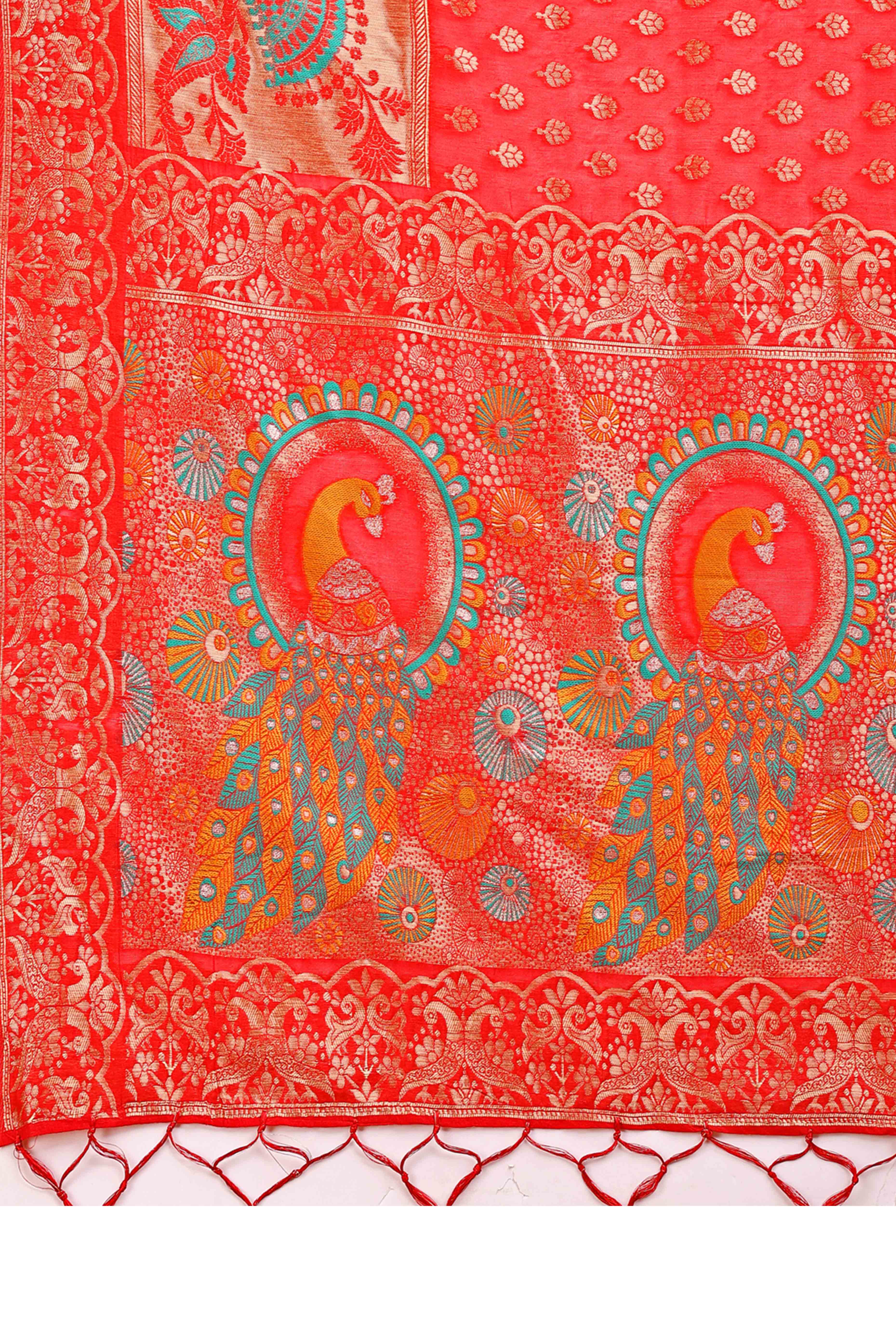 Red Floral Zari Weaving Embellished Linen Cotton Saree With Tassel Accents