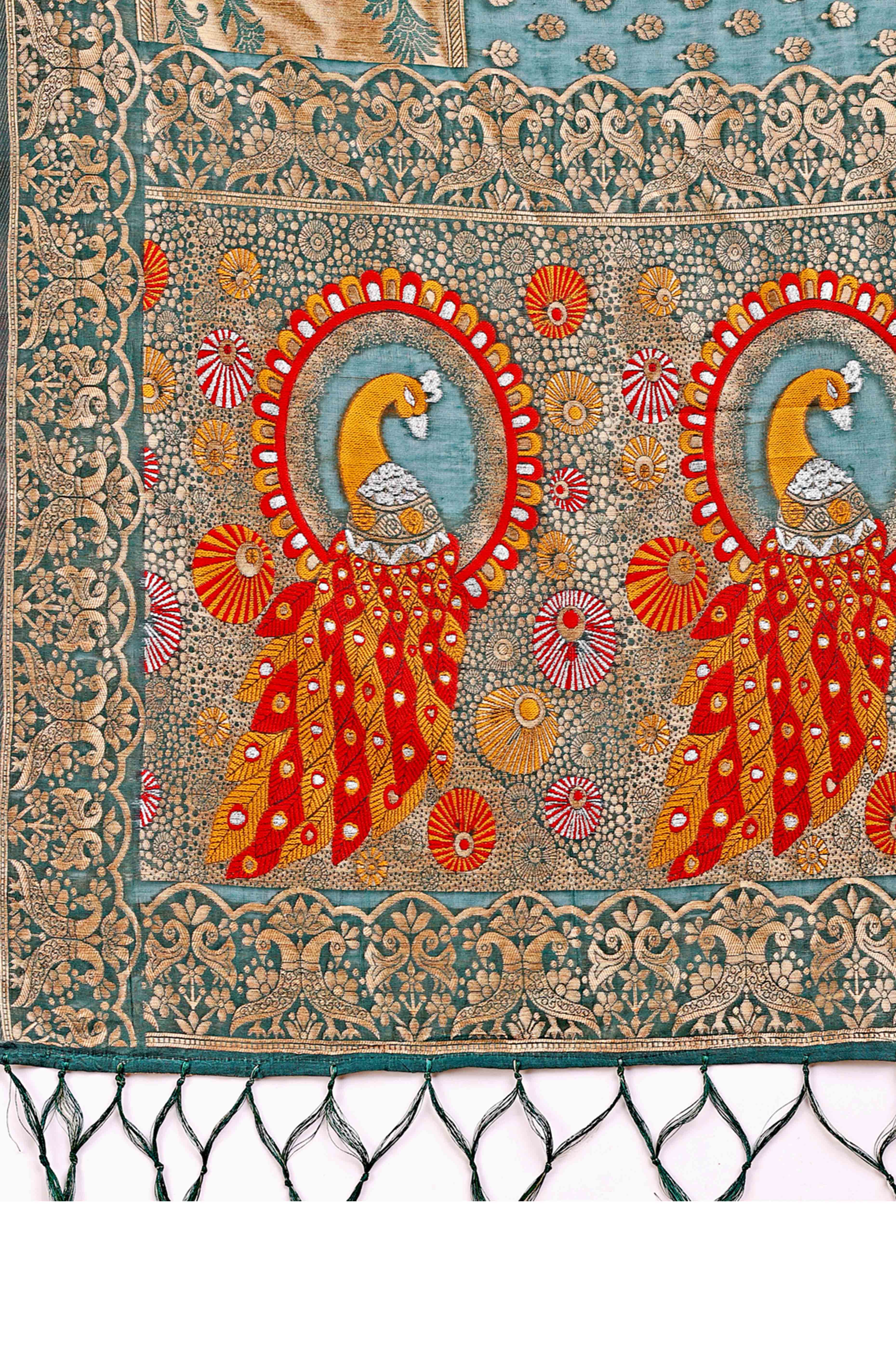 Green Floral Zari Weaving Embellished Linen Cotton Saree With Tassel Accents