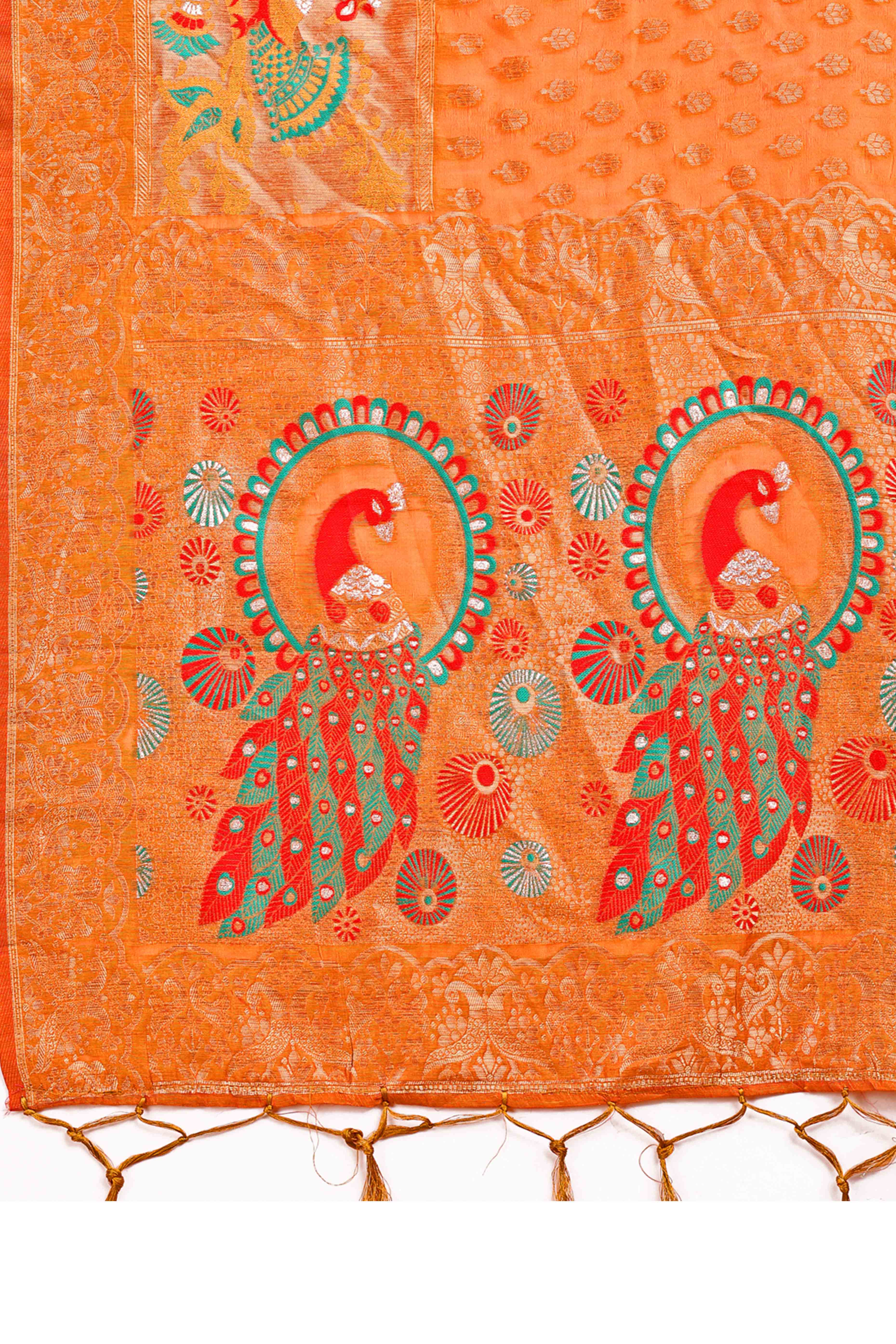 Orange Floral Zari Weaving Embellished Linen Cotton Saree With Tassel Accents