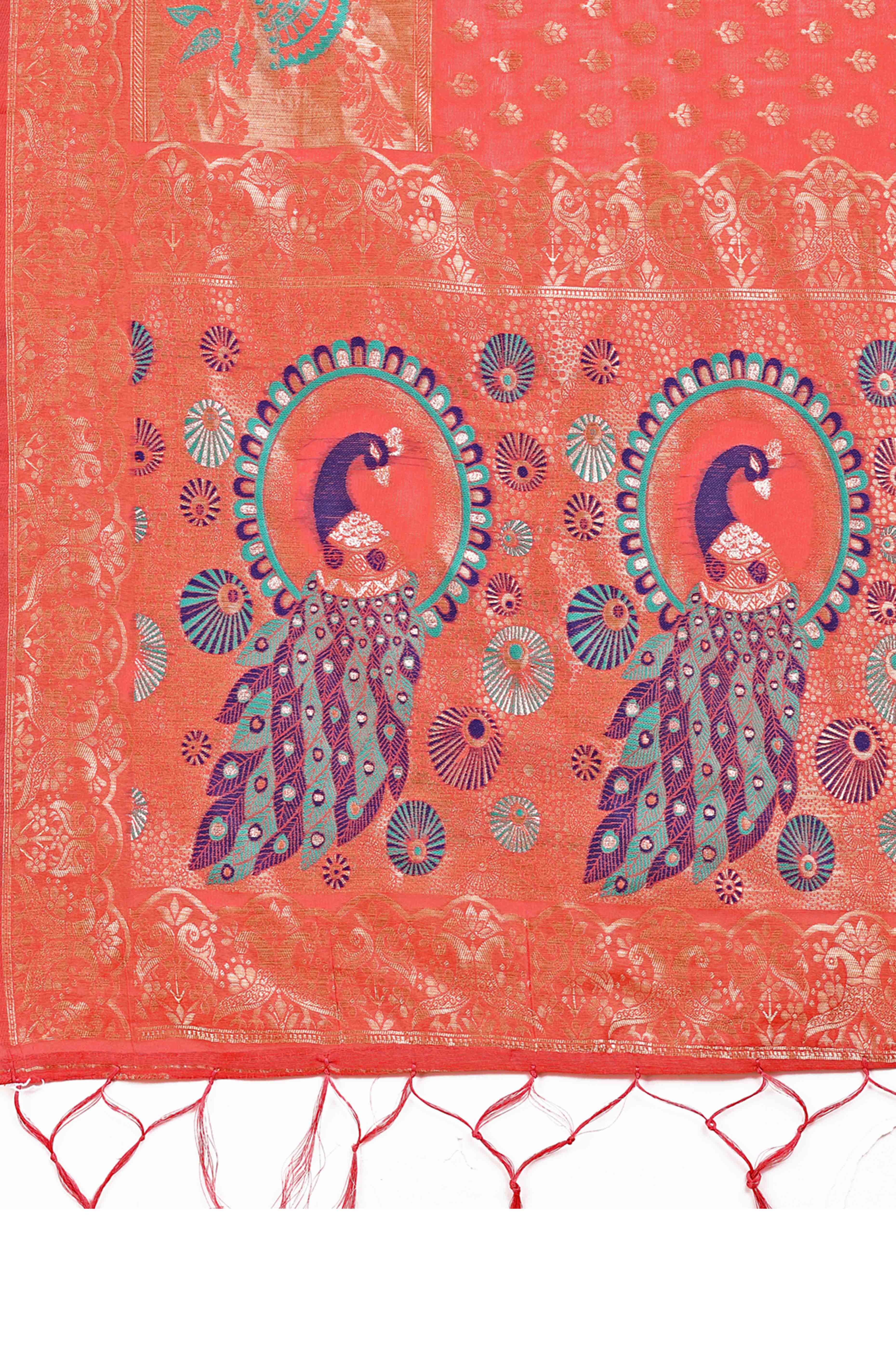 Coral Red Floral Zari Weaving Embellished Linen Cotton Saree With Tassel Accents