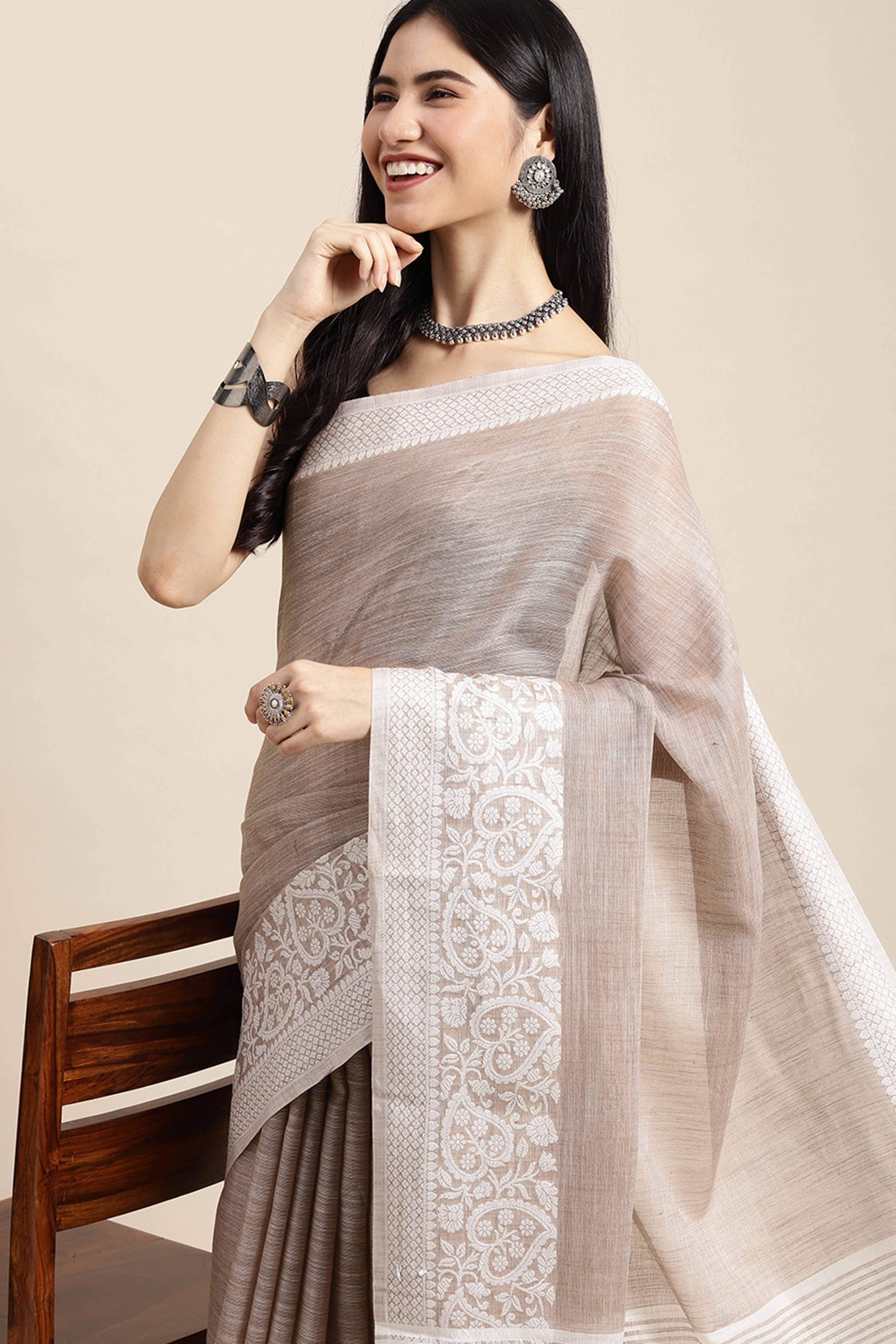 Beige Festive Linen Weaving Saree with Silver Zari Border & Pallu