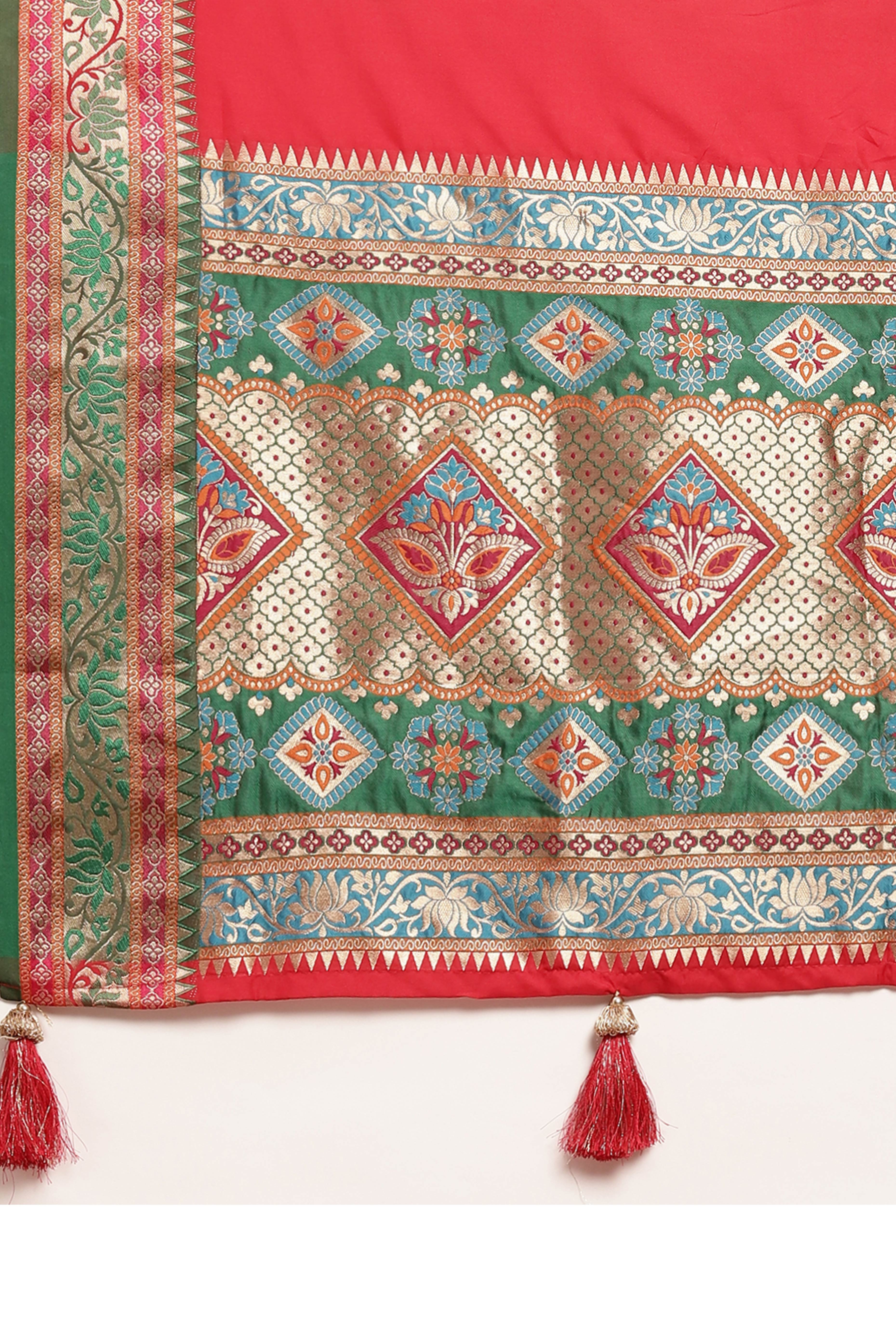 Graceful Red Solid Saree Highlighted With Floral Zari Weaving On Silk Blend & Tassel Pallu