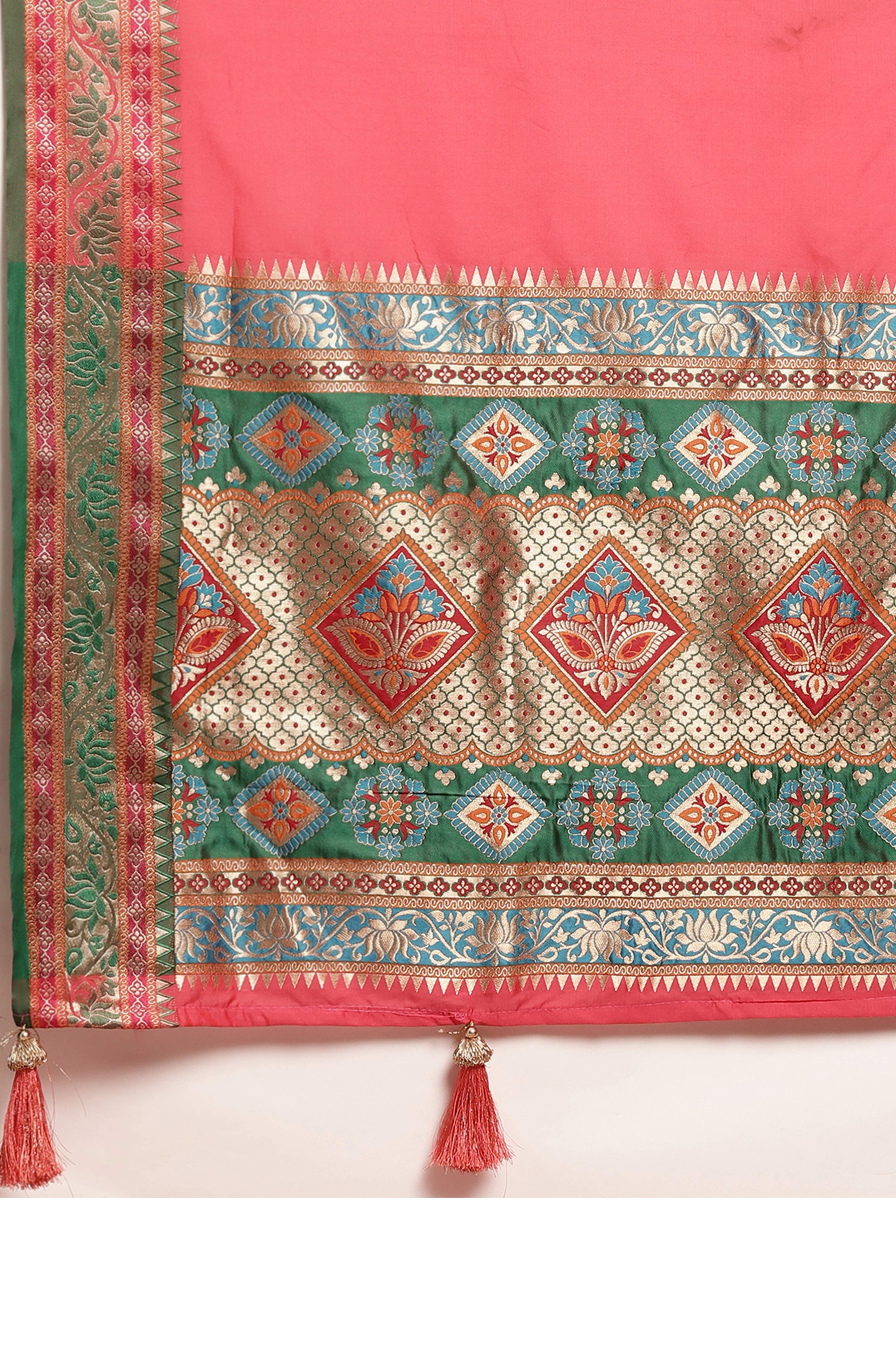 Graceful Gajari Pink Solid Saree Highlighted With Floral Zari Weaving On Silk Blend & Tassel Pallu