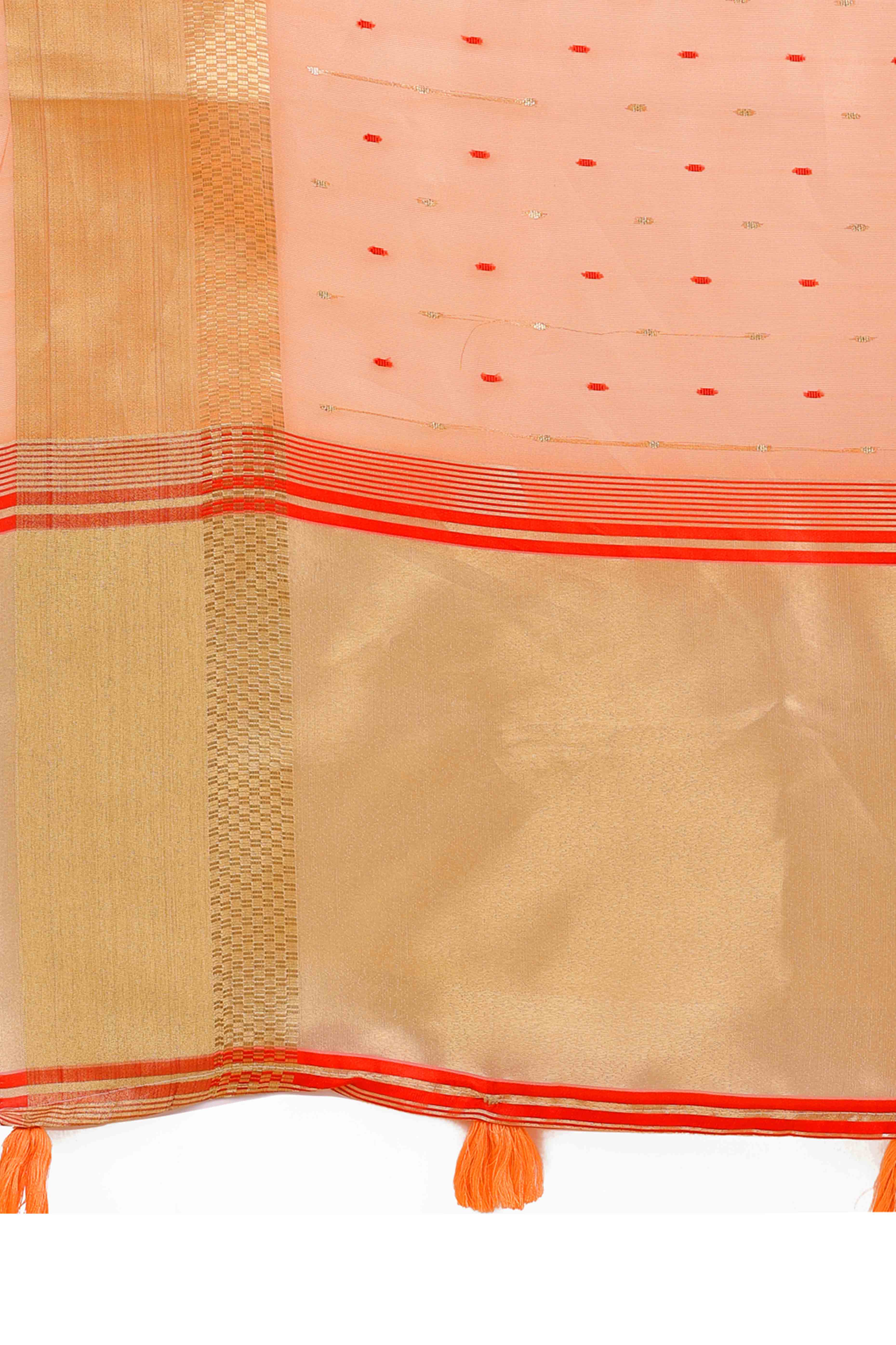 Peach Organza Saree Adorned With Fine Zari Weaving & Stylish Tassel Edging