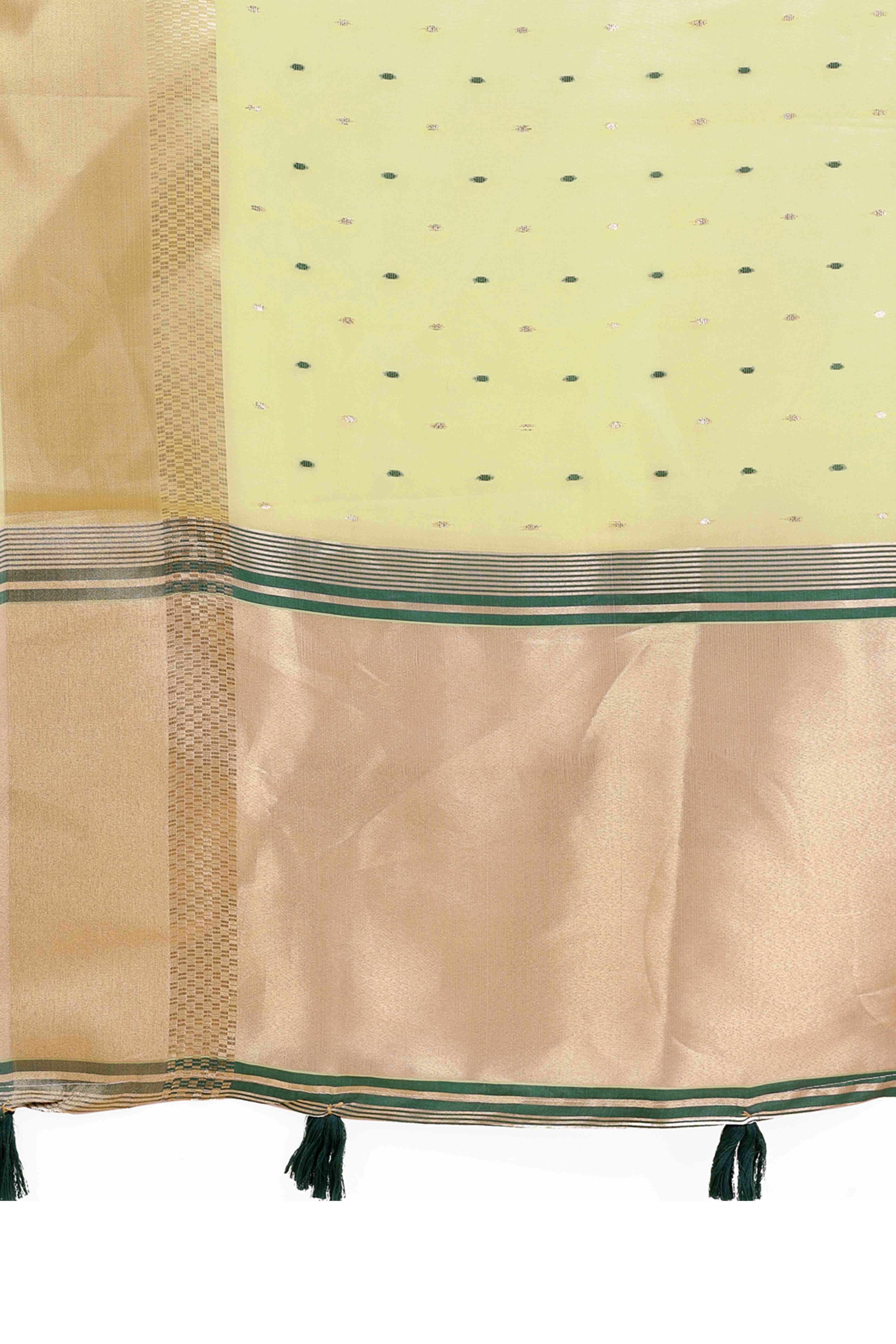 Light Green Organza Saree Adorned With Fine Zari Weaving & Stylish Tassel Edging