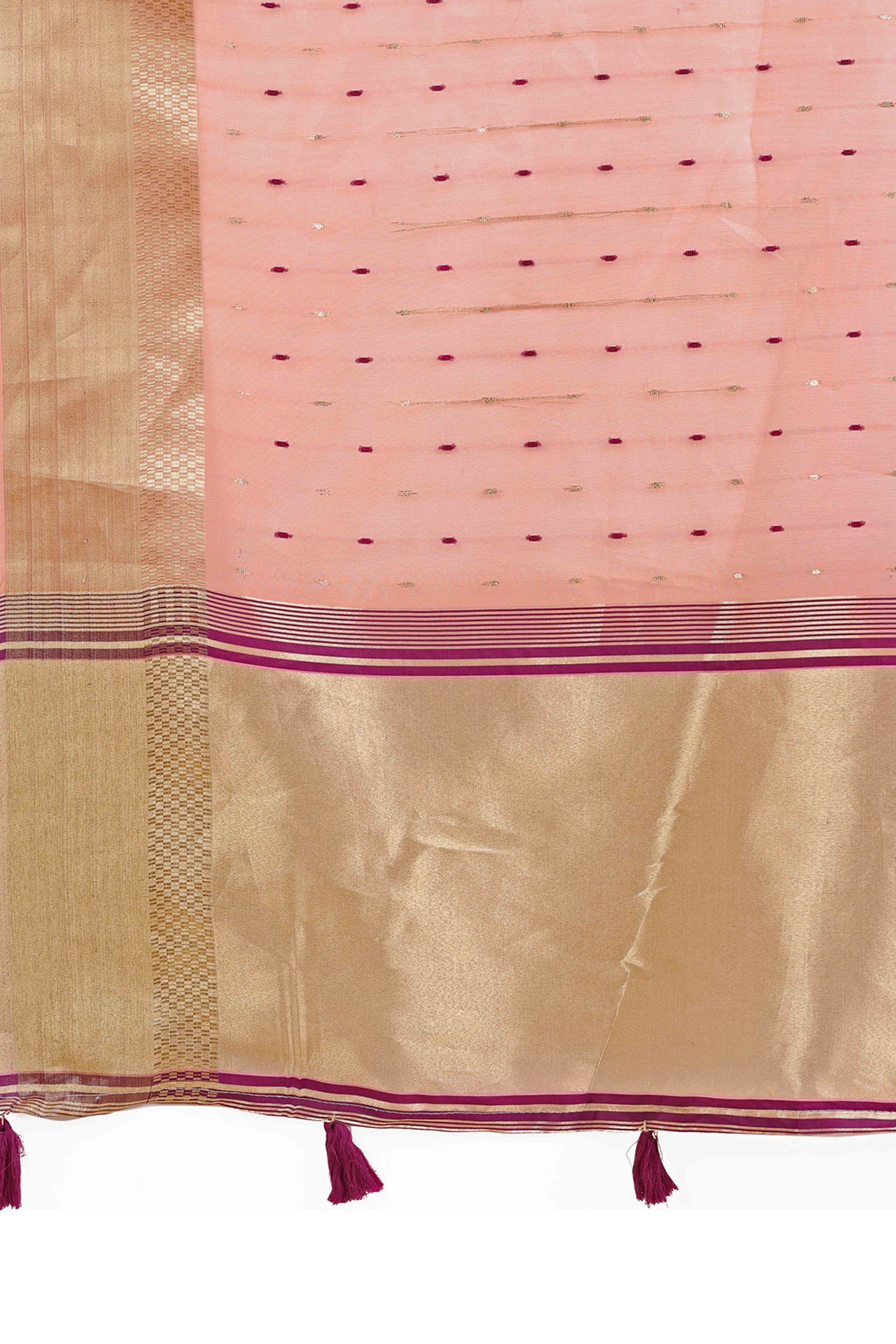 Light Pink Organza Saree Adorned With Fine Zari Weaving & Stylish Tassel Edging