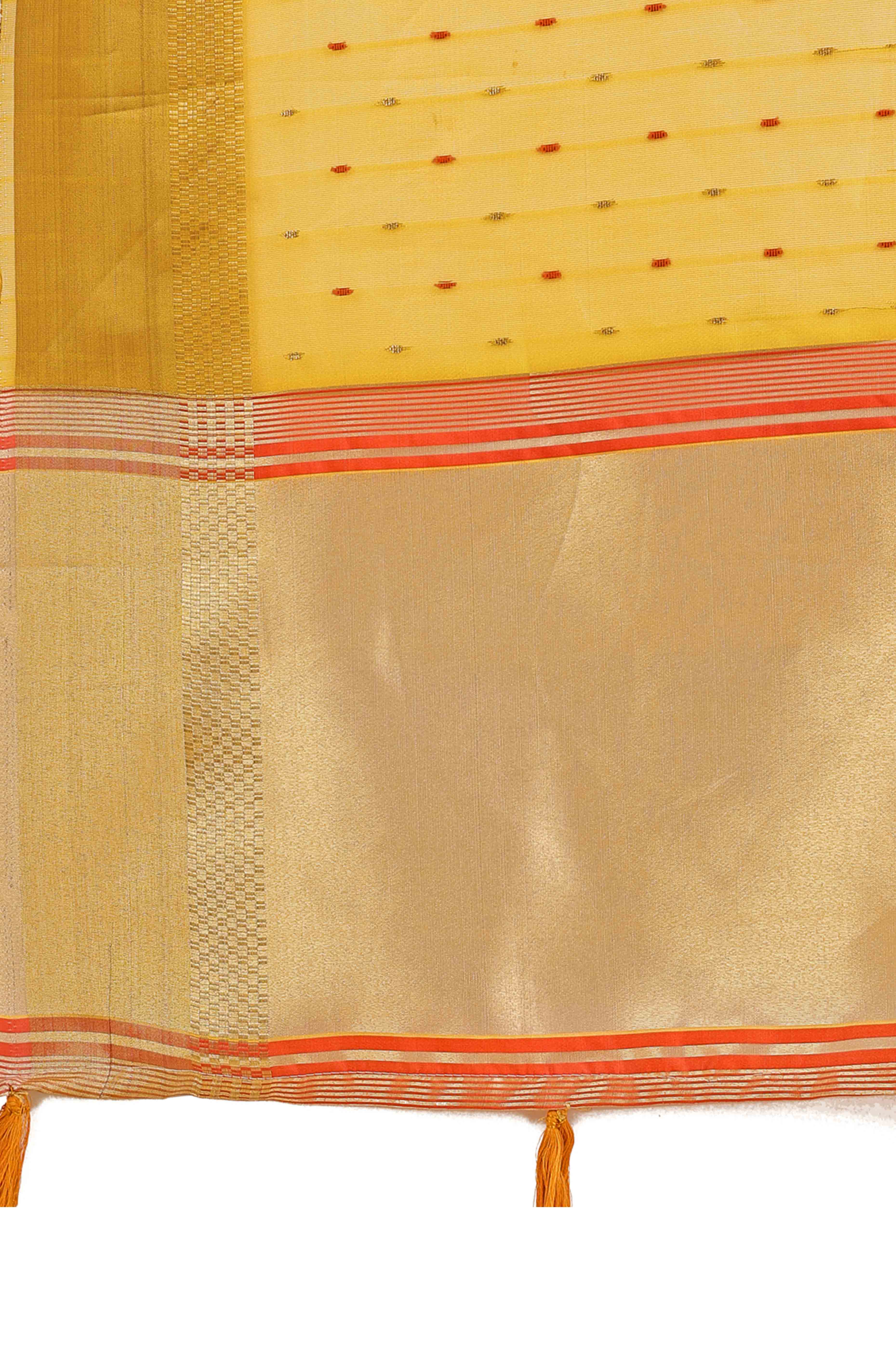 Yellow Organza Saree Adorned With Fine Zari Weaving & Stylish Tassel Edging