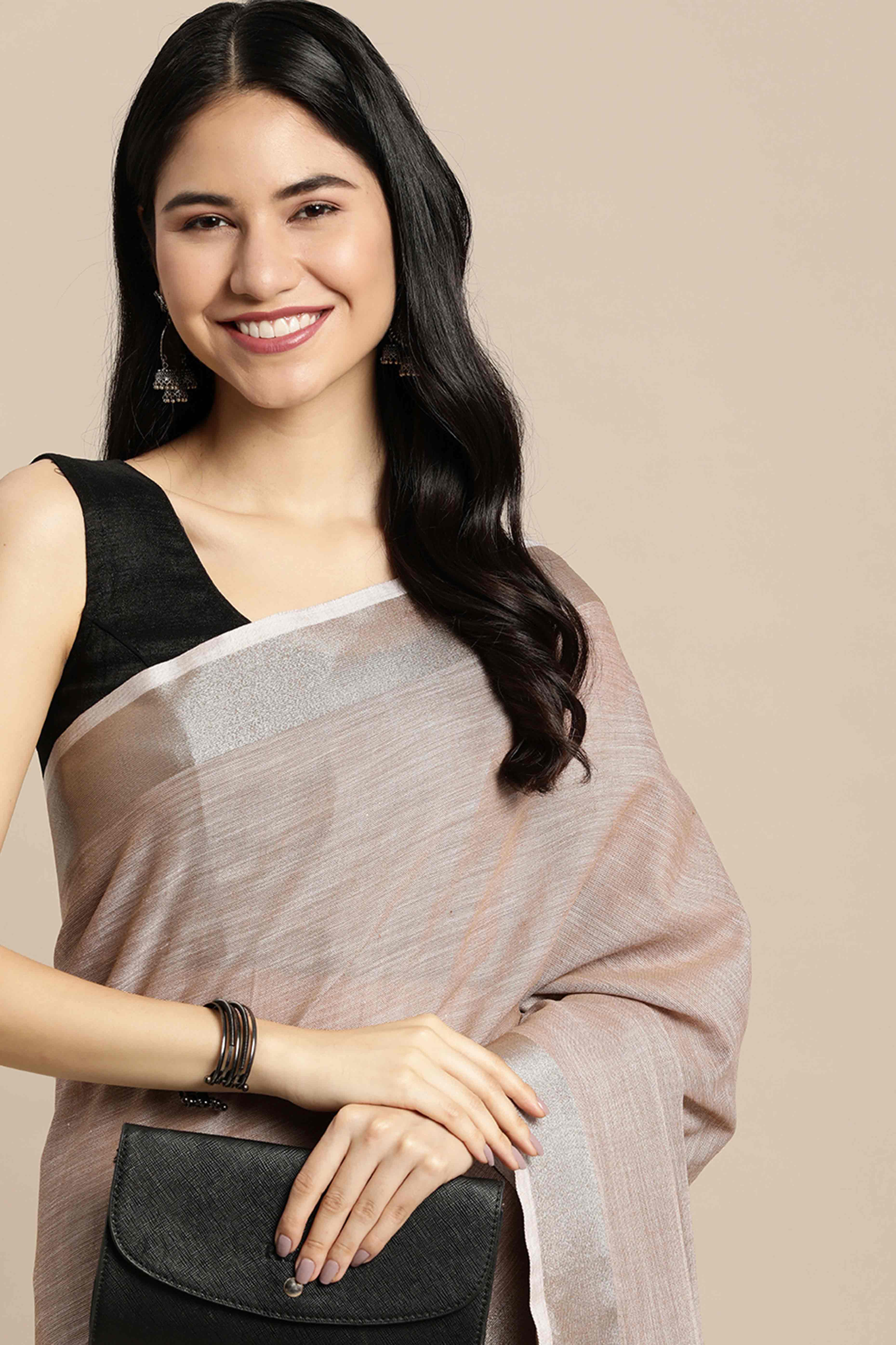Brown Linen Saree Adorned With Silver Zari Weaving Border & Pallu