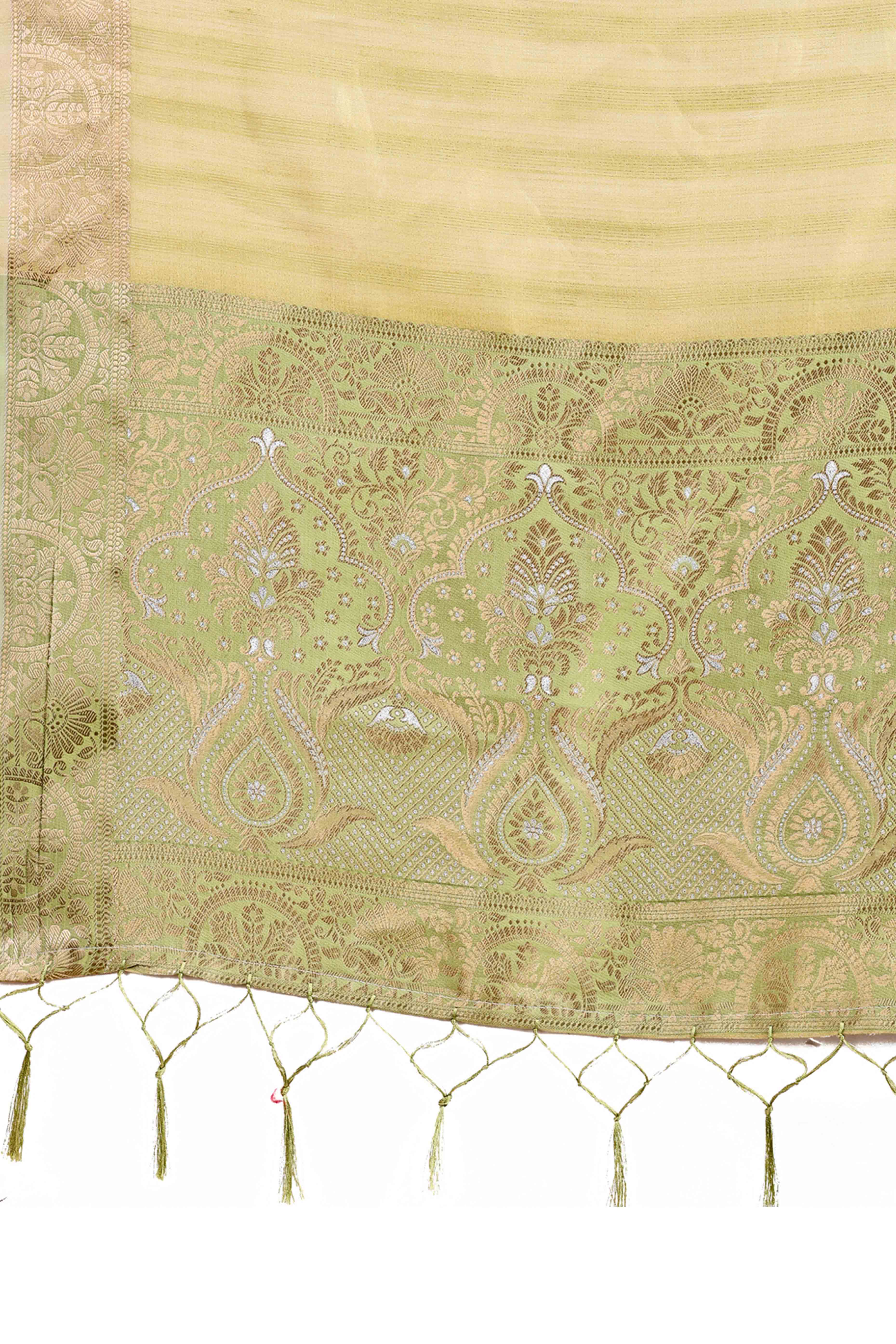 Green Organza Saree With Floral Zari Weave & Tassel Accents