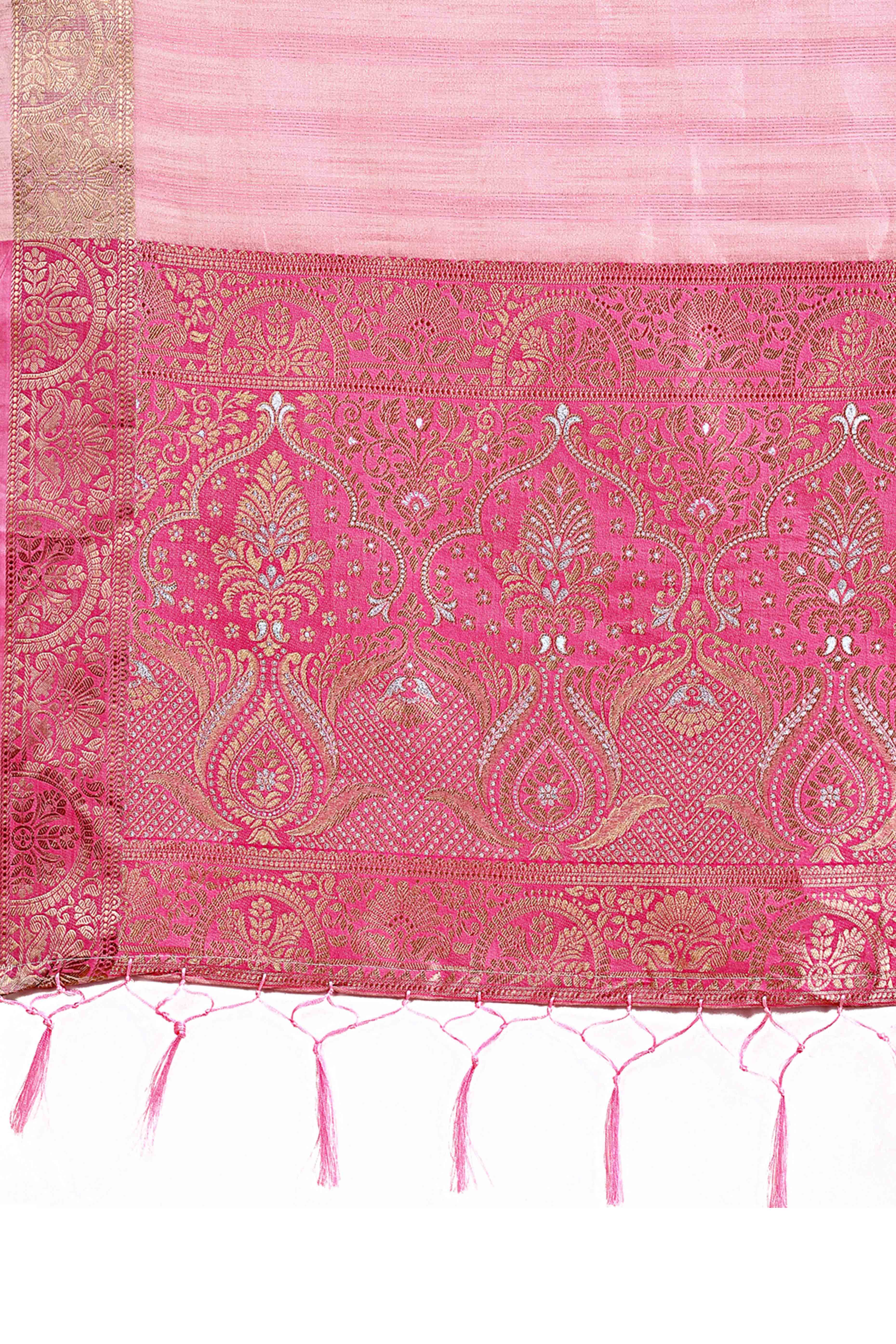 Pink Organza Saree With Floral Zari Weave & Tassel Accents