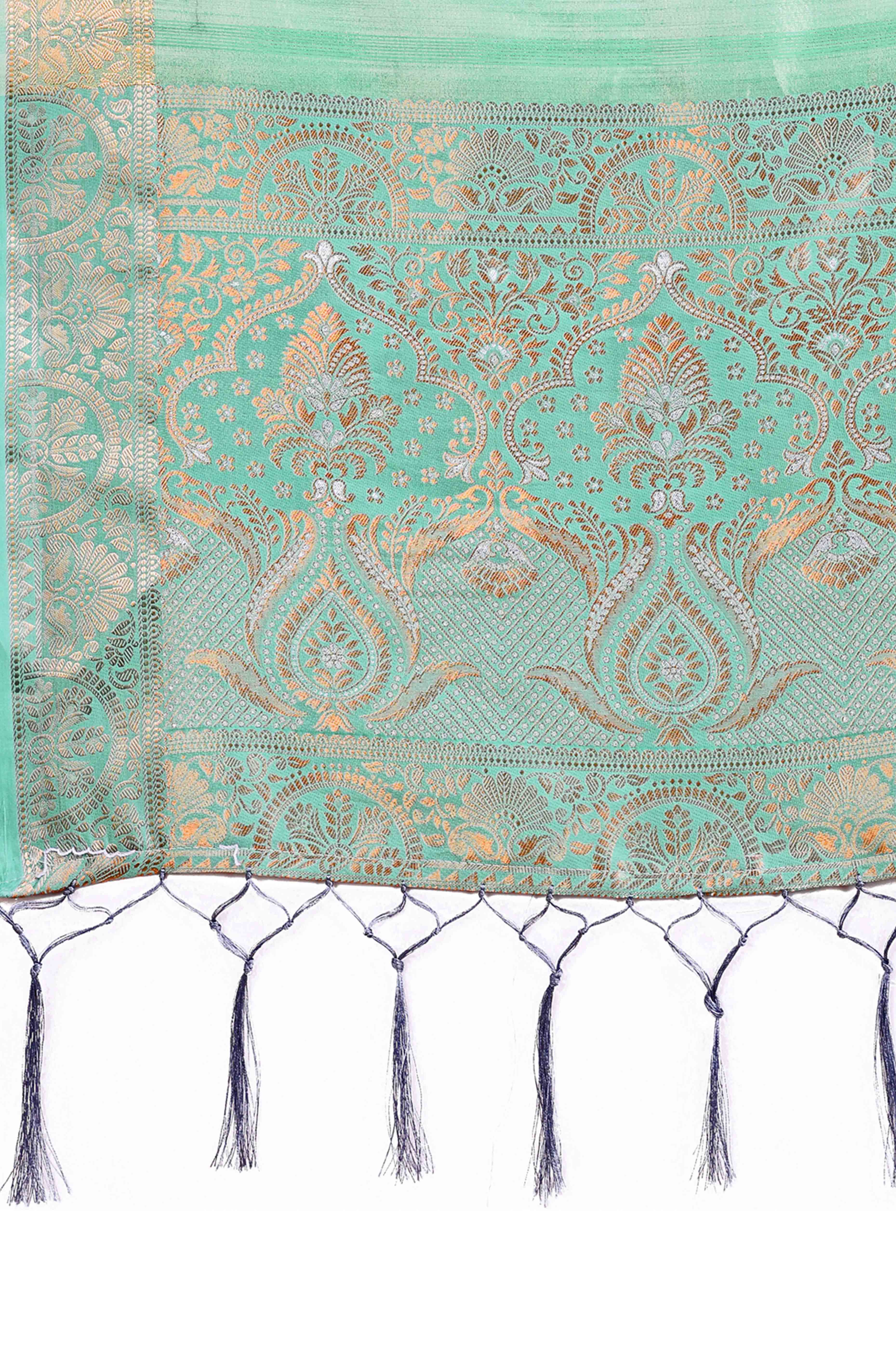 Turquoise Organza Saree With Floral Zari Weave & Tassel Accents