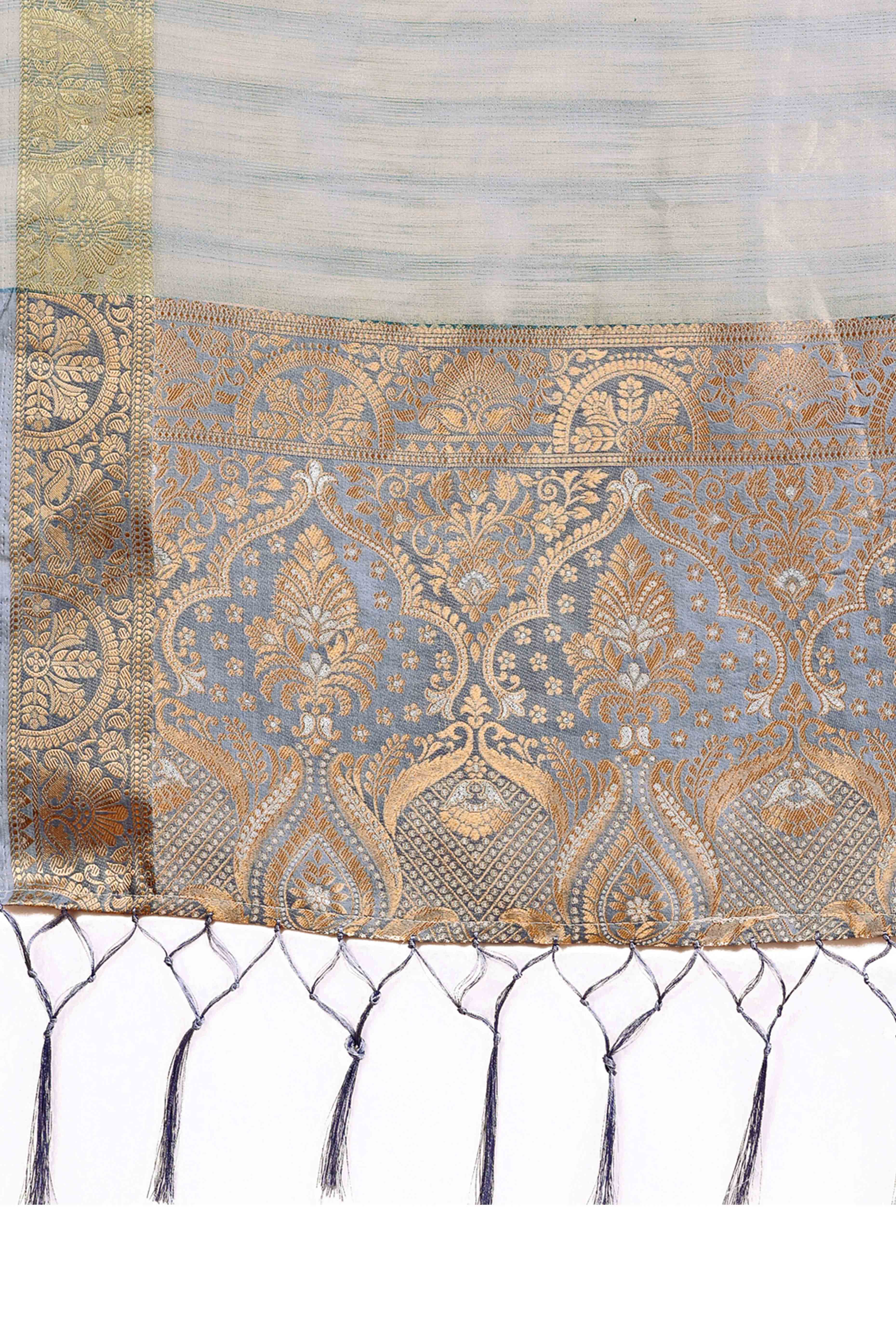 Grey Organza Saree With Floral Zari Weave & Tassel Accents