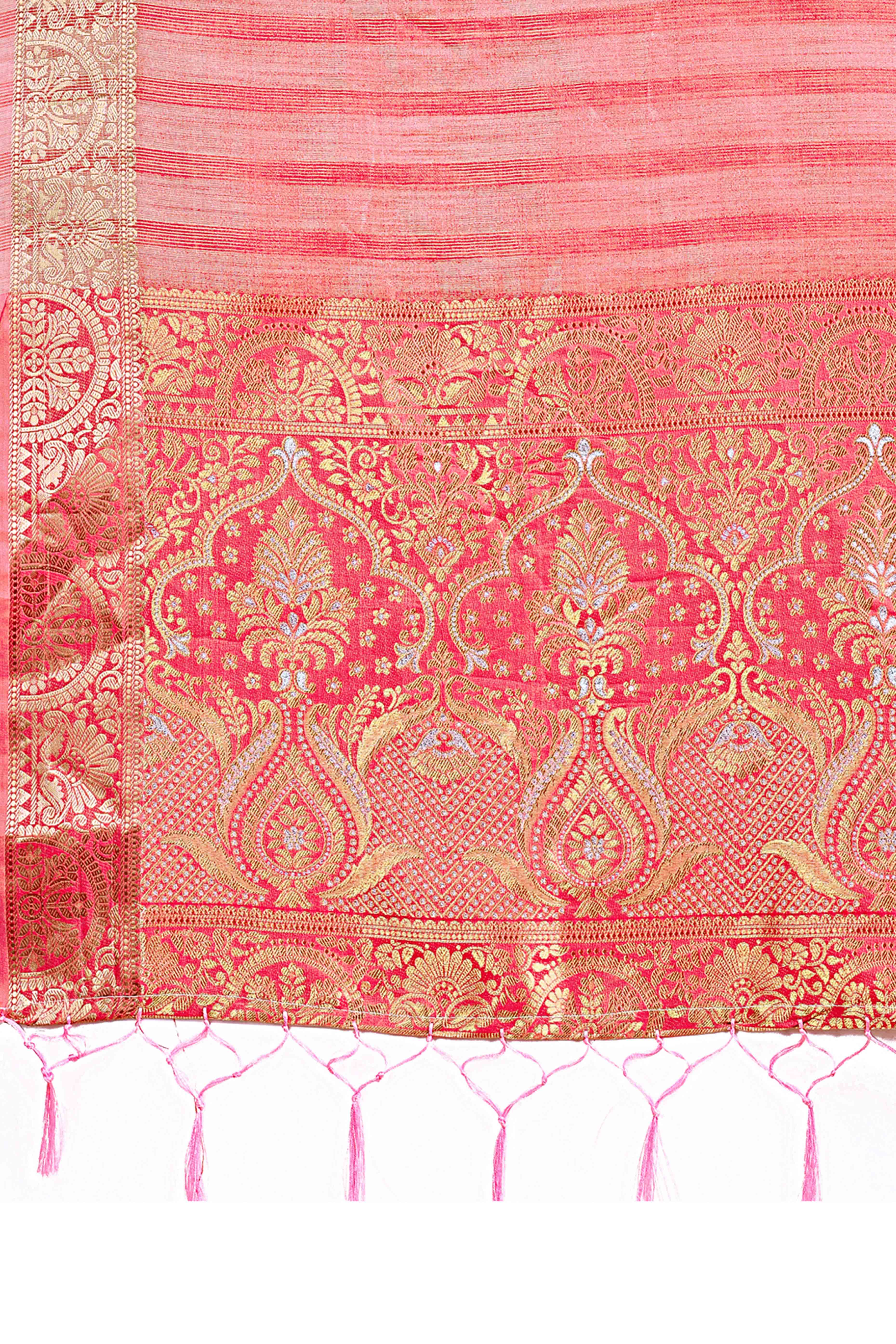 Peach Organza Saree With Floral Zari Weave & Tassel Accents