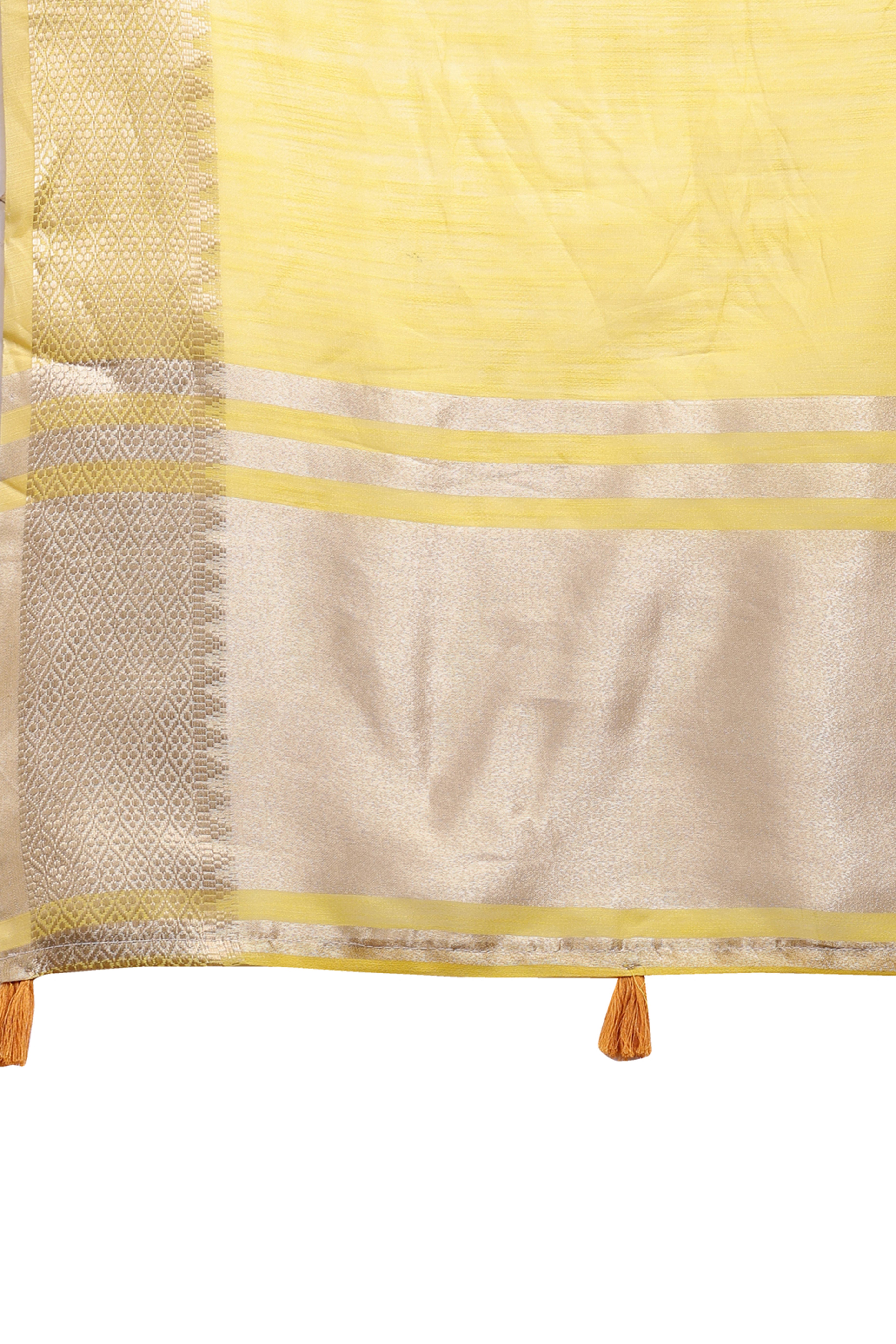Yellow Cotton Silk Saree with Solid Zari Woven Edge and Tassels