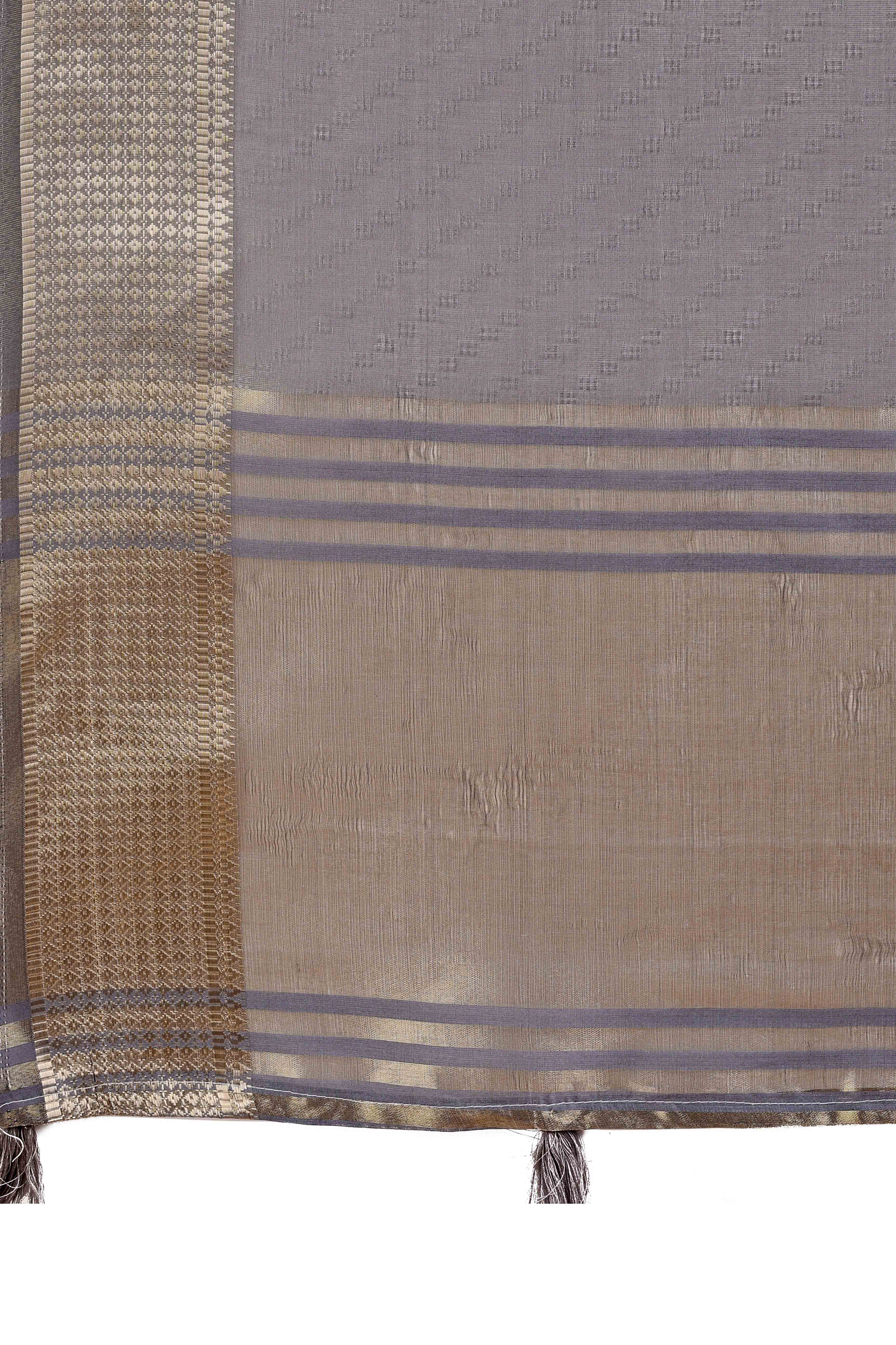 Grey Zari Weaving Organza Saree With Tassel Border
