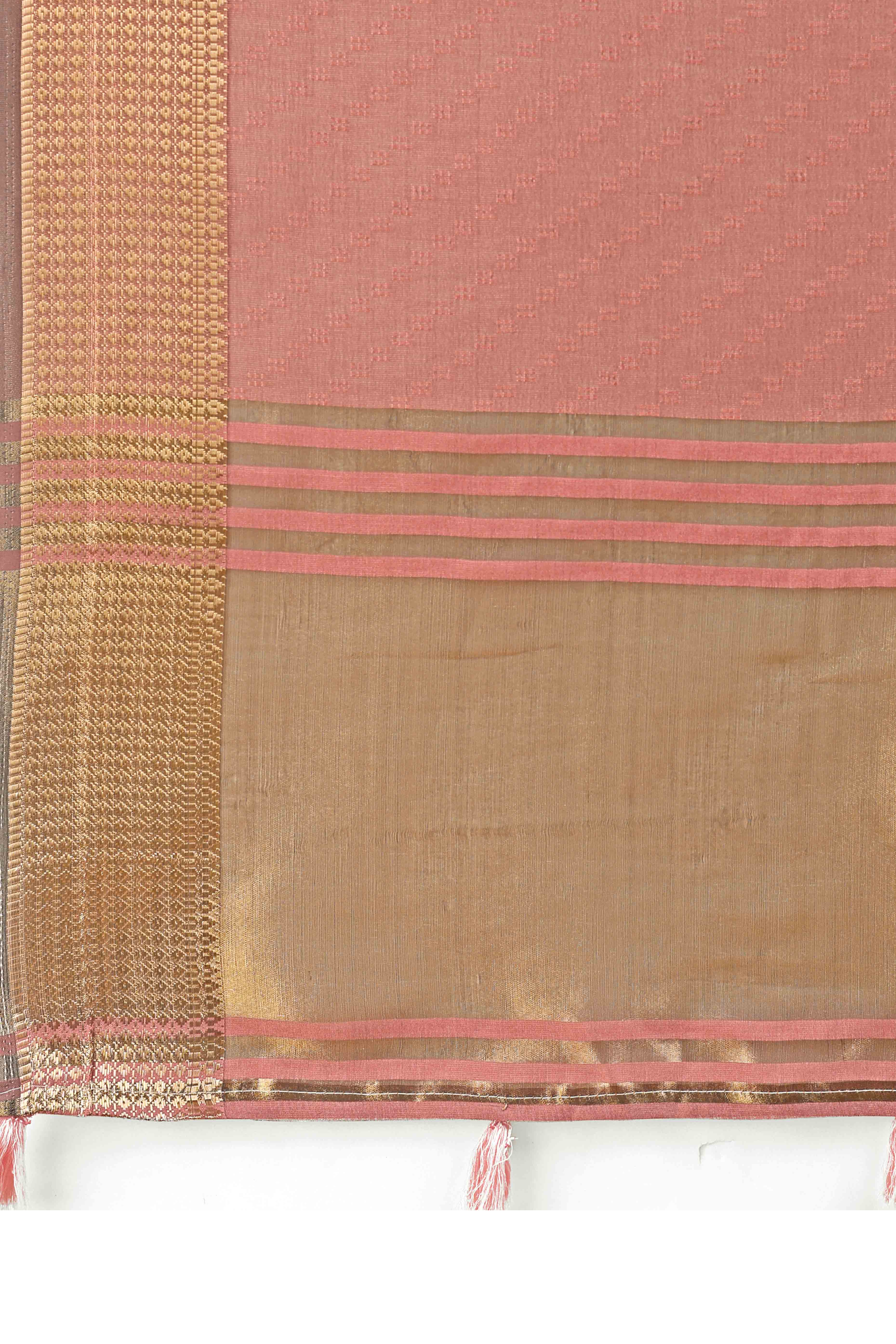 Dark Dusty Peach Zari Weaving Organza Saree With Tassel Border