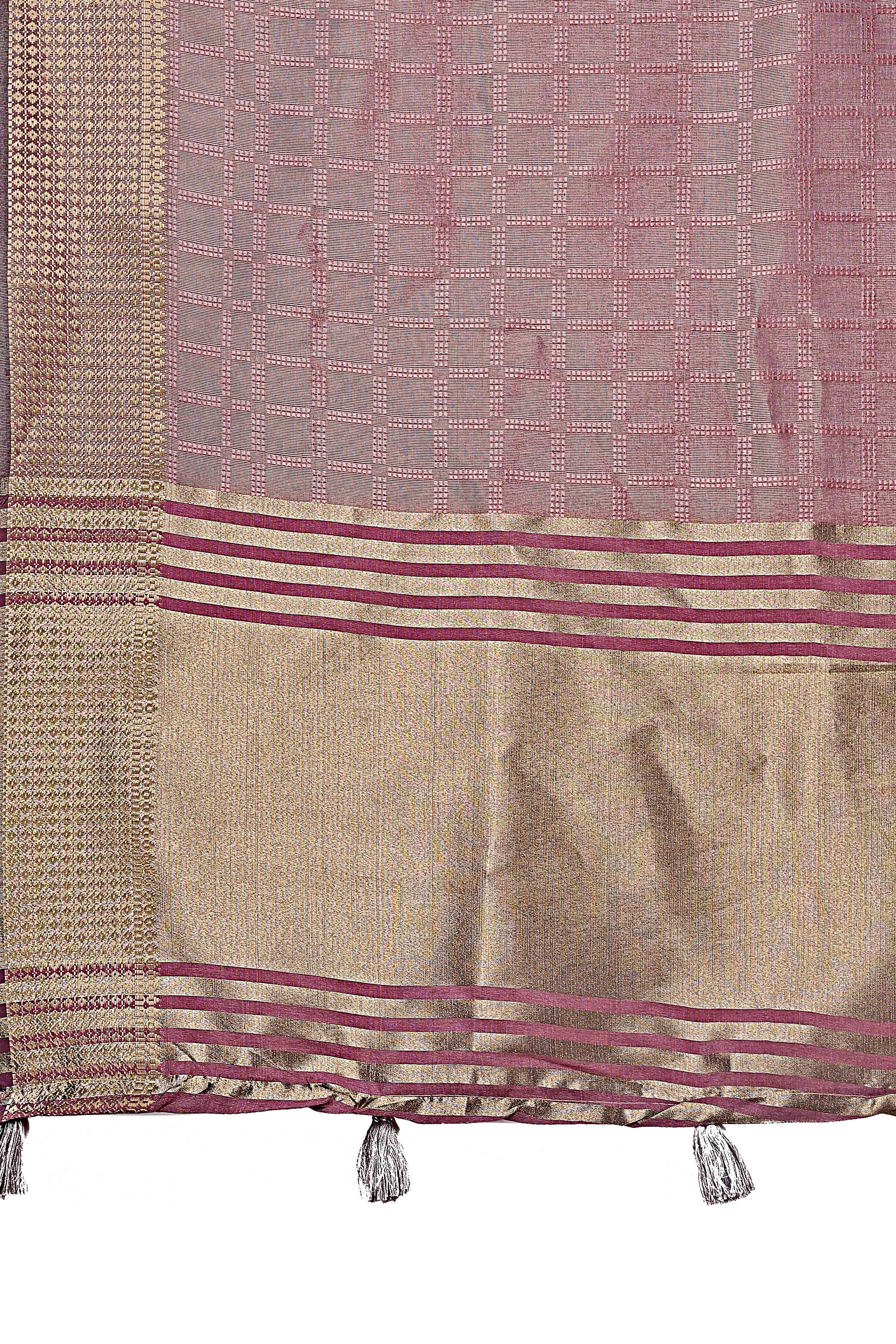 Mauve Organza Saree With Intricate Zari Woven Checks & Tassel Border
