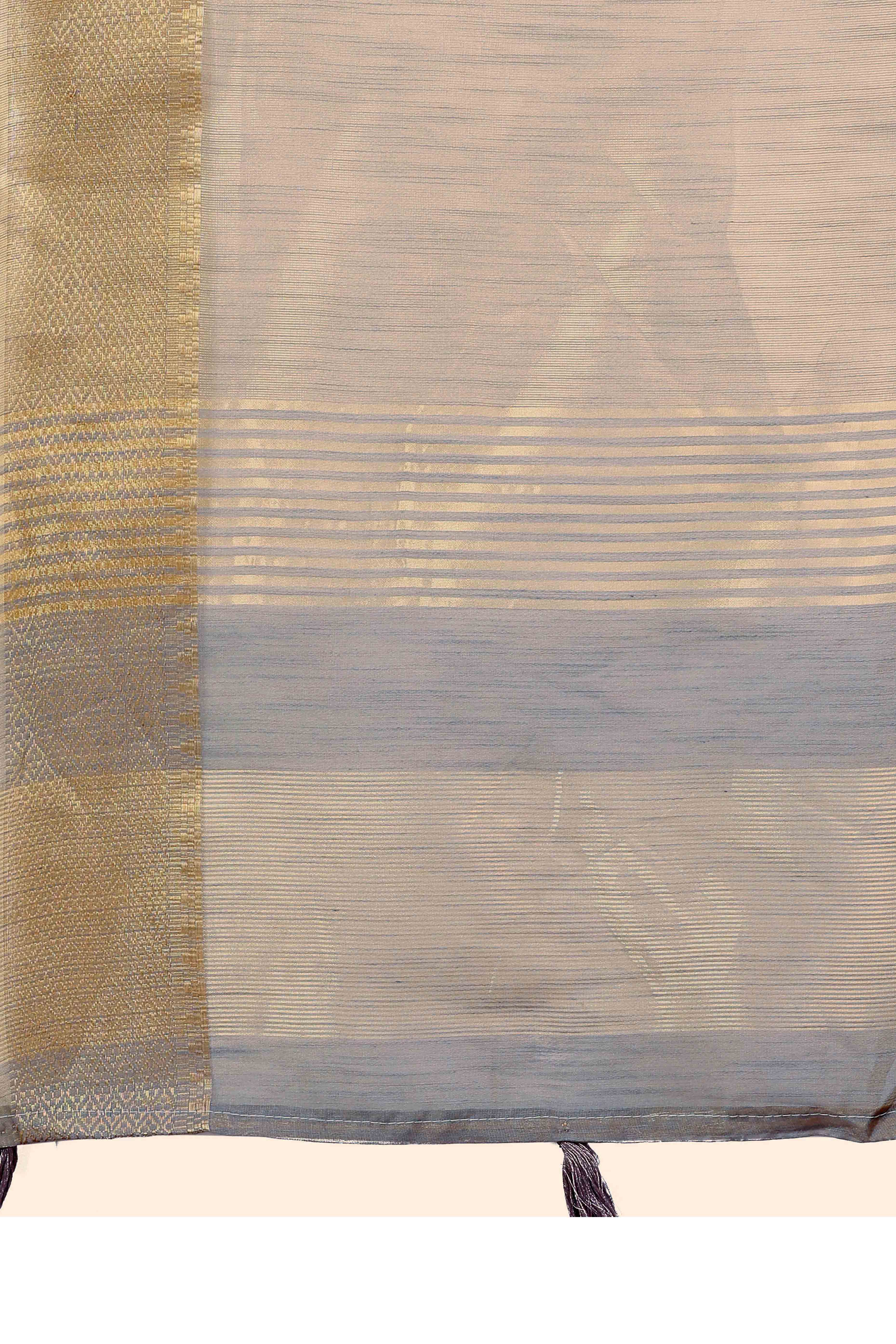 Beige Solid With Zari Woven Organza Saree With Tassel Border