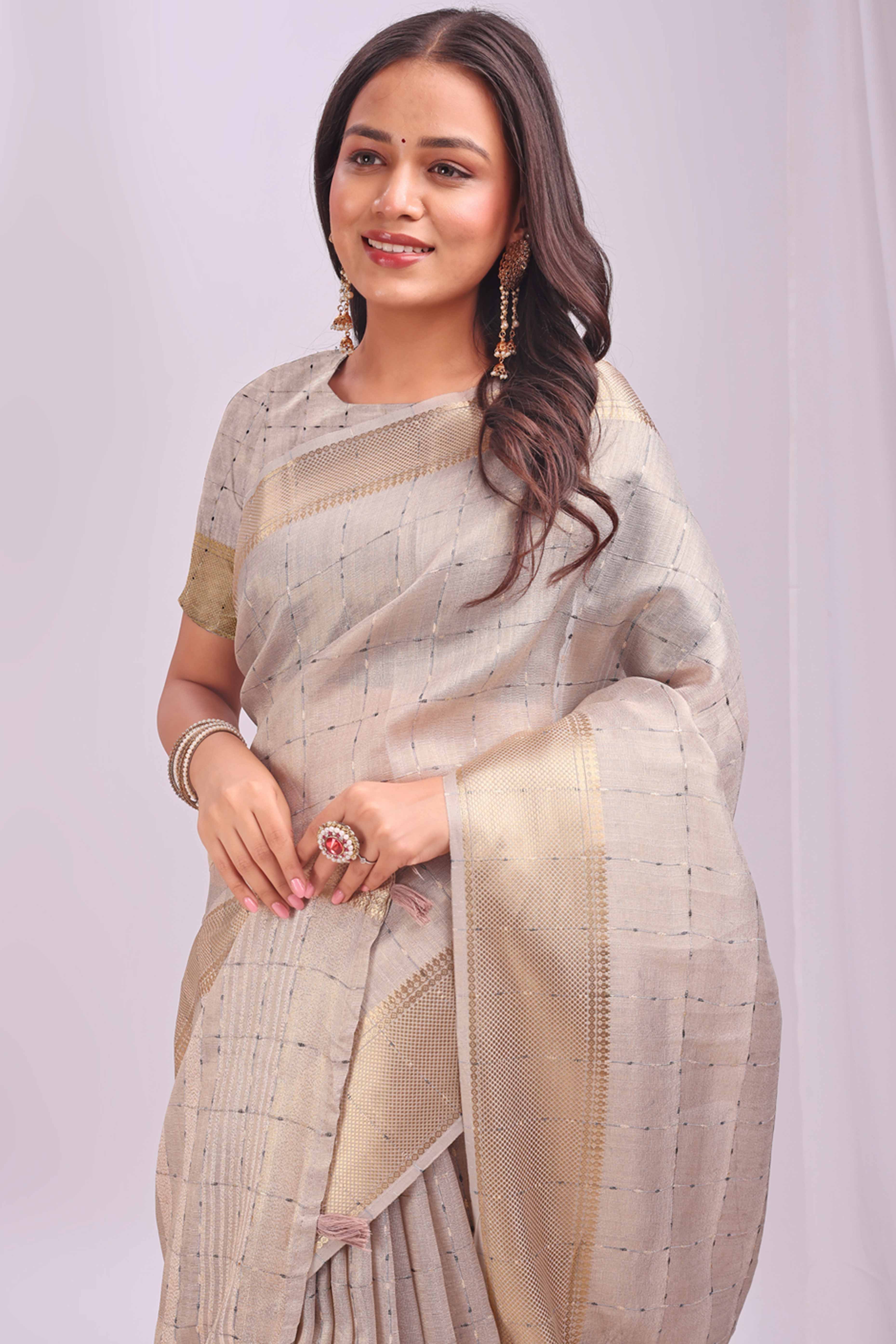 Cream Lightweight Organza Saree with Rich Zari Checks Pattern
