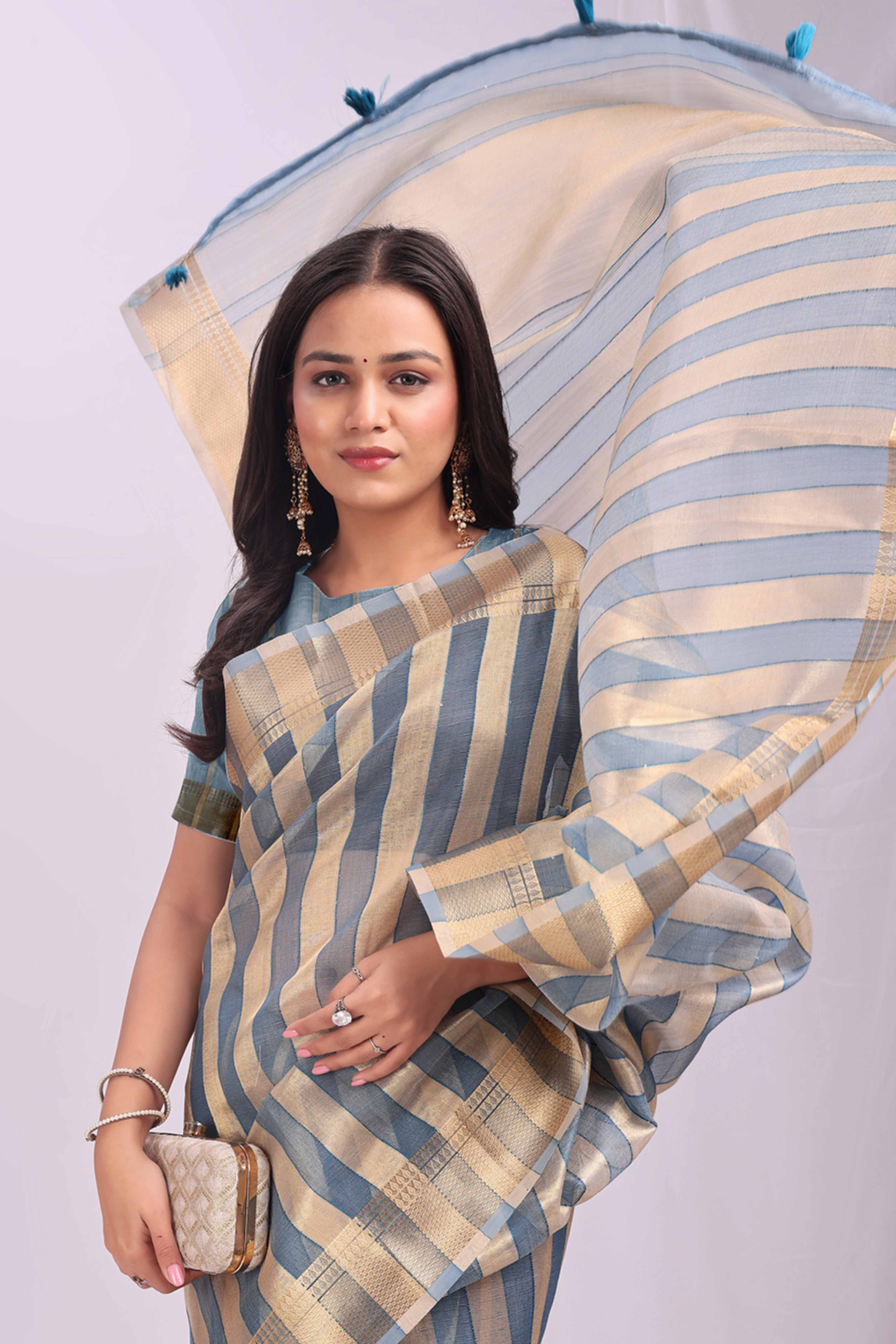 Sky Blue Lightweight Organza Saree with Rich Zari Stripes Pattern