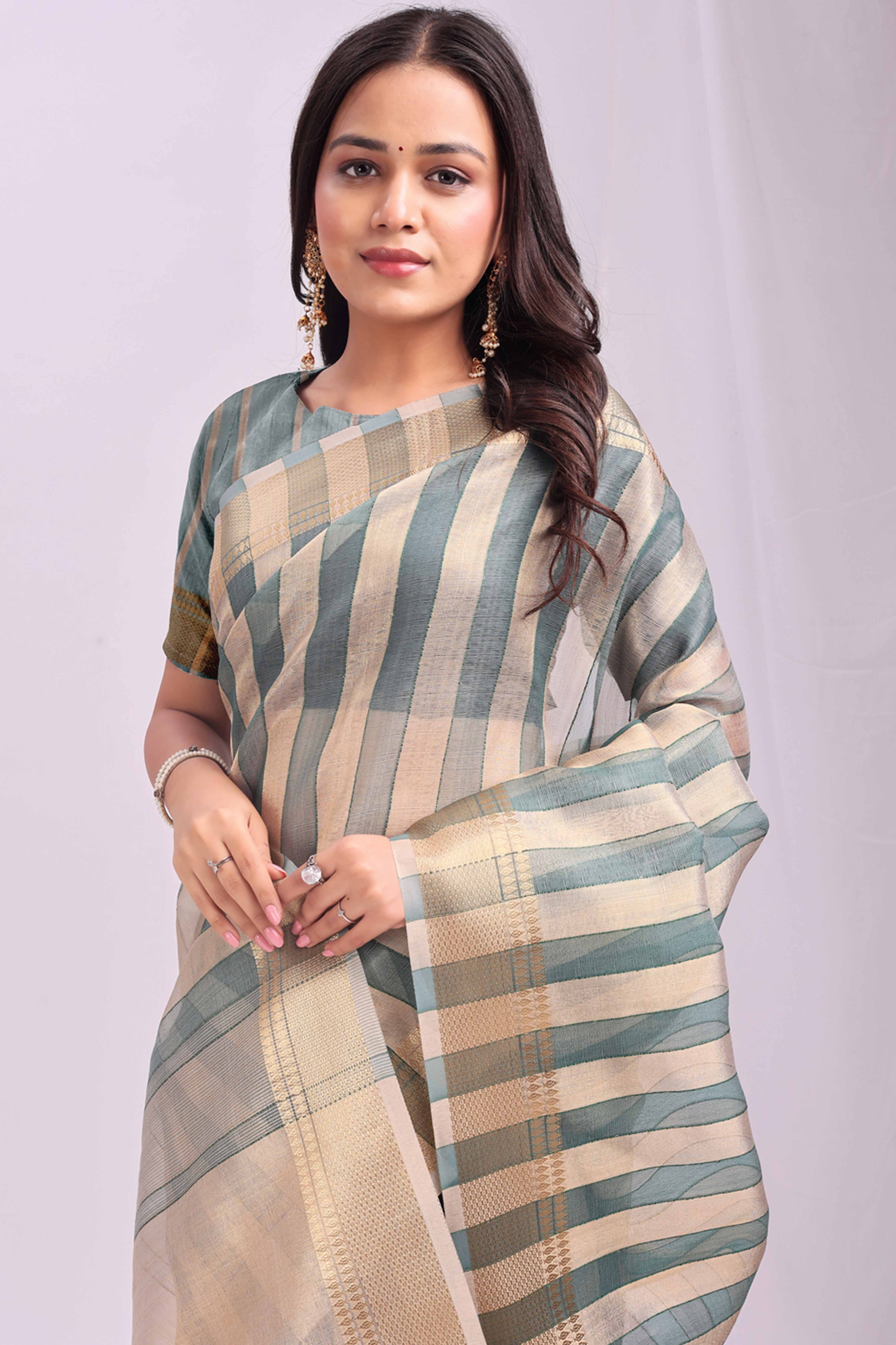 Green Lightweight Organza Saree with Rich Zari Stripes Pattern