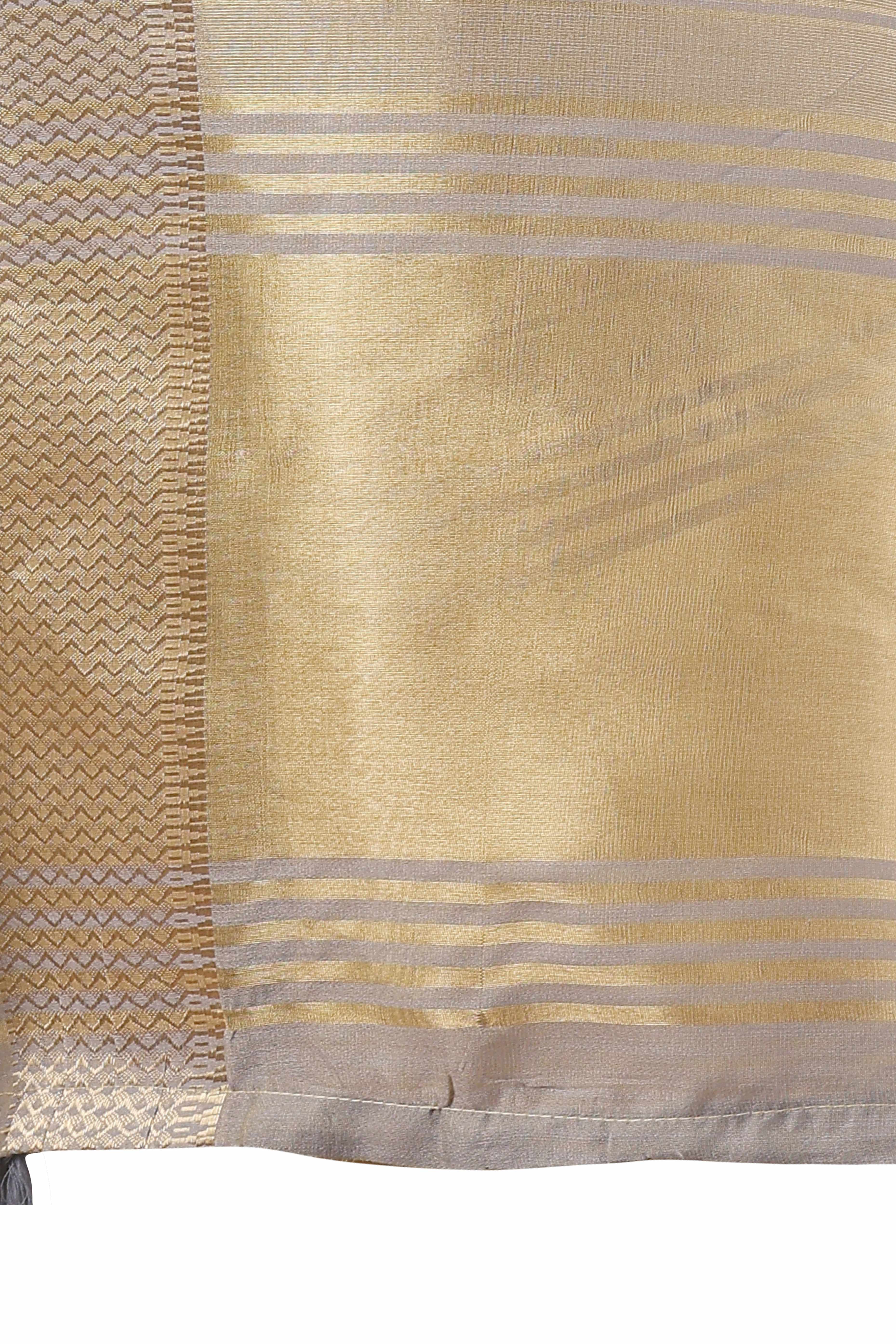 Beige Organza Saree With Zari Woven Stripes & Elegant Tassel Border