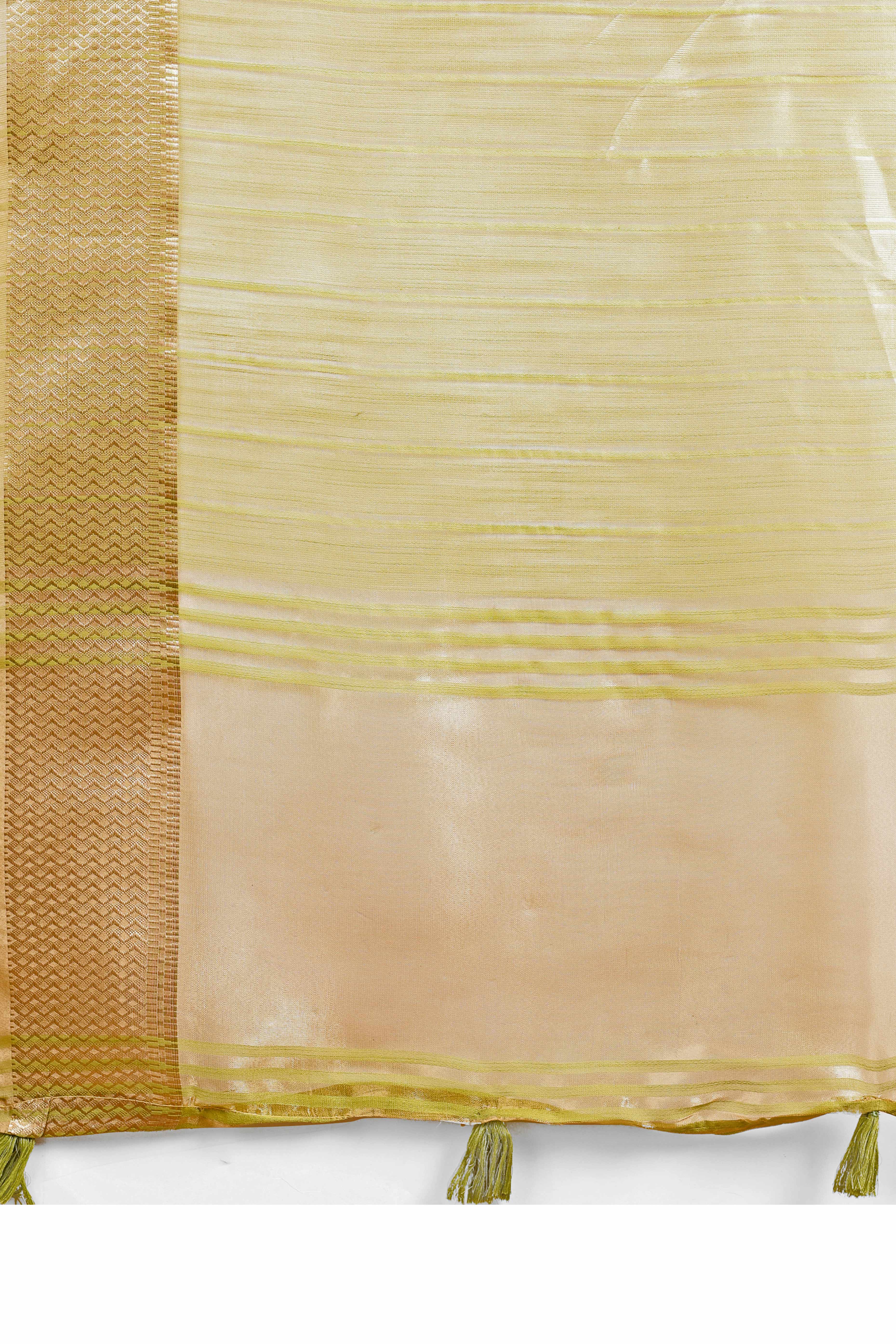 Lemon Yellow Organza Saree With Zari Woven Stripes & Elegant Tassel Border