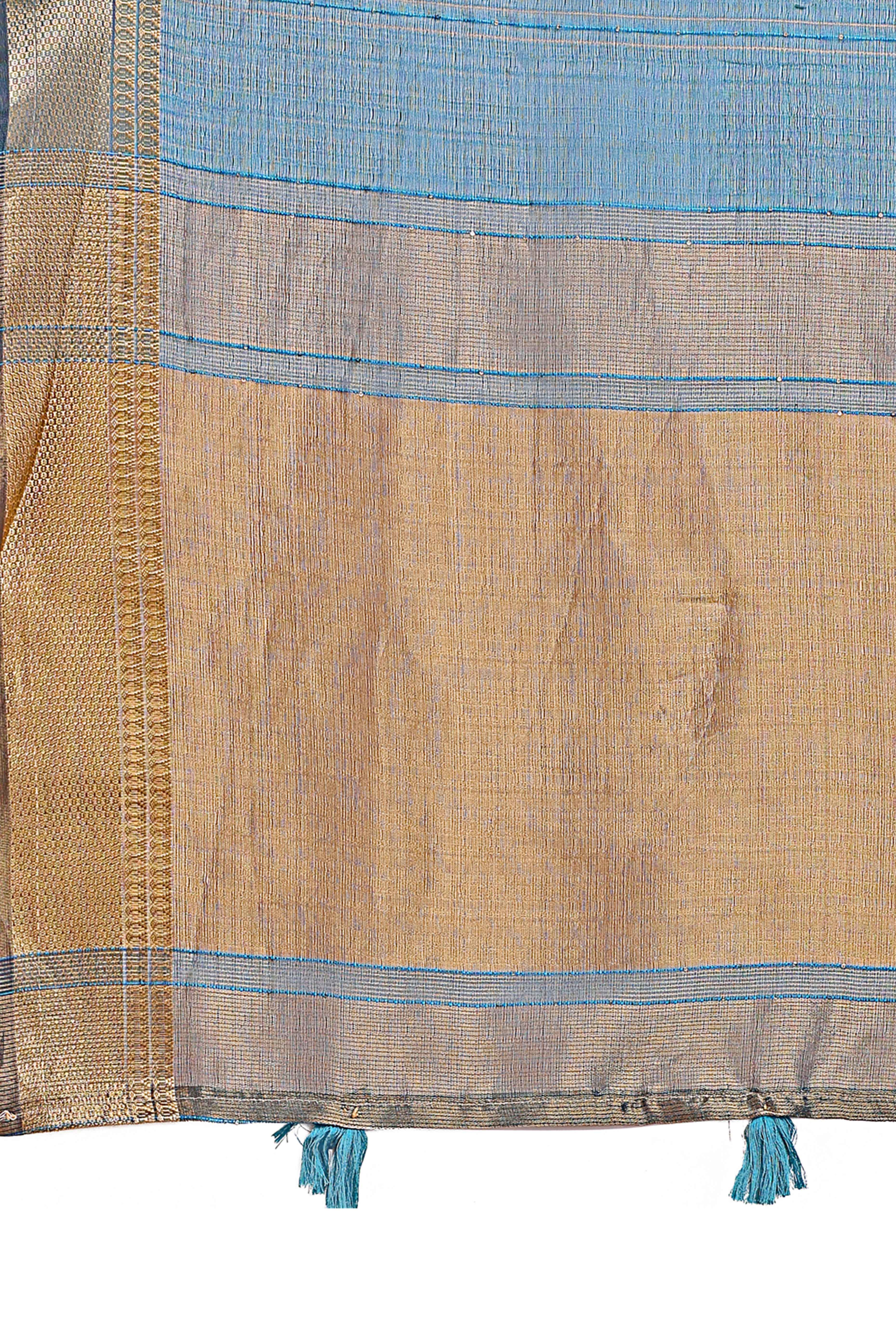 Sky Teal Hue Organza Saree with Shimmering Zari Border Weave