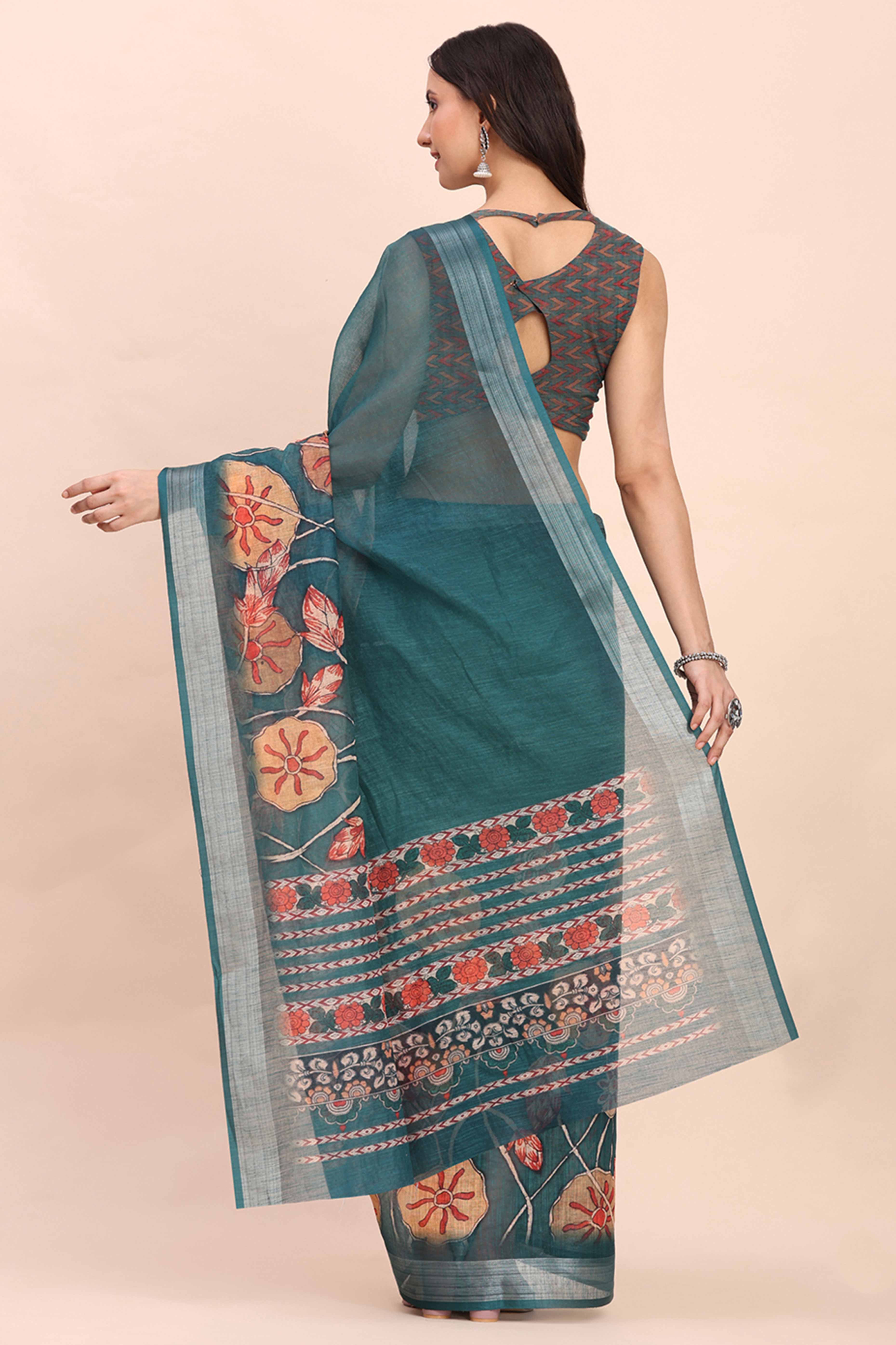 Teal Blue Linen Cotton Saree Featuring Floral Prints & Woven Border